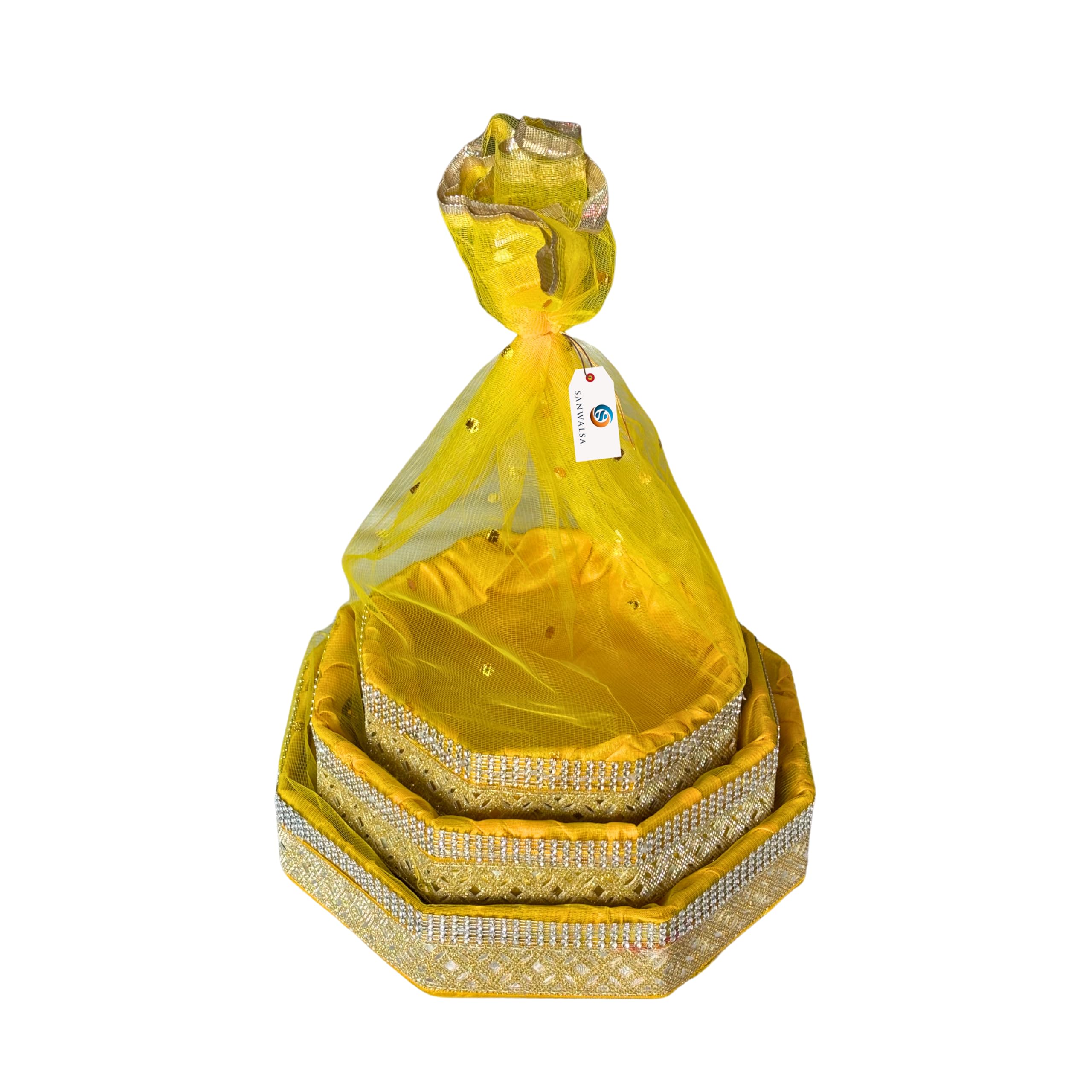 SANWALSA (Set of 3-8",10",12" inch, Hexagon, Stone Lace, Color-Yellow) MDF Base Designer Gift Hamper Packaging Baskets with Net Cover, Gift Hamper Organiser Perfect for Any Occasion