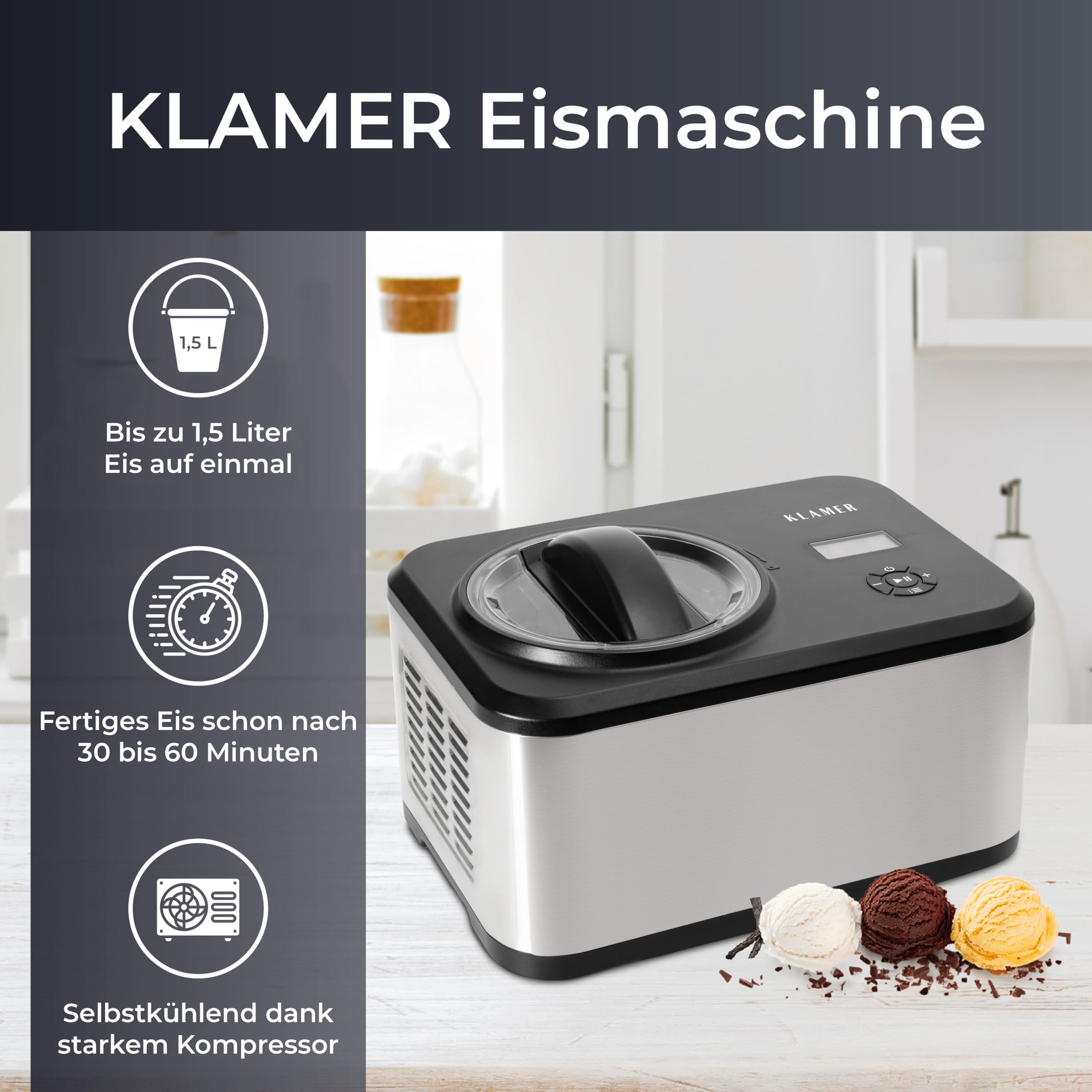 KLAMER Eismaschine 1,5L, 120 W Eiscrememaschine aus Edelstahl mit Kühlfunktion, hausgemachtes Speiseeis mit selbstkühlendem Kompressor, mit digitalem Rezeptbuch