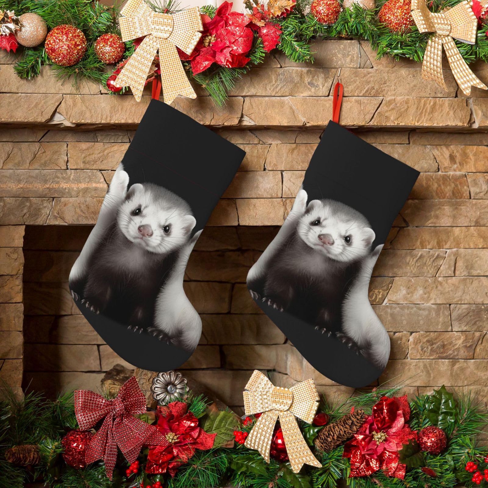 Fodpand Boys Black Ferrets Christmas Stockings Hanging Ornaments For Holiday Decor, 18 Inches Velvet Fireplace Hanging Xmas Stocking, Candy Gift Bags For Christmas Decorations