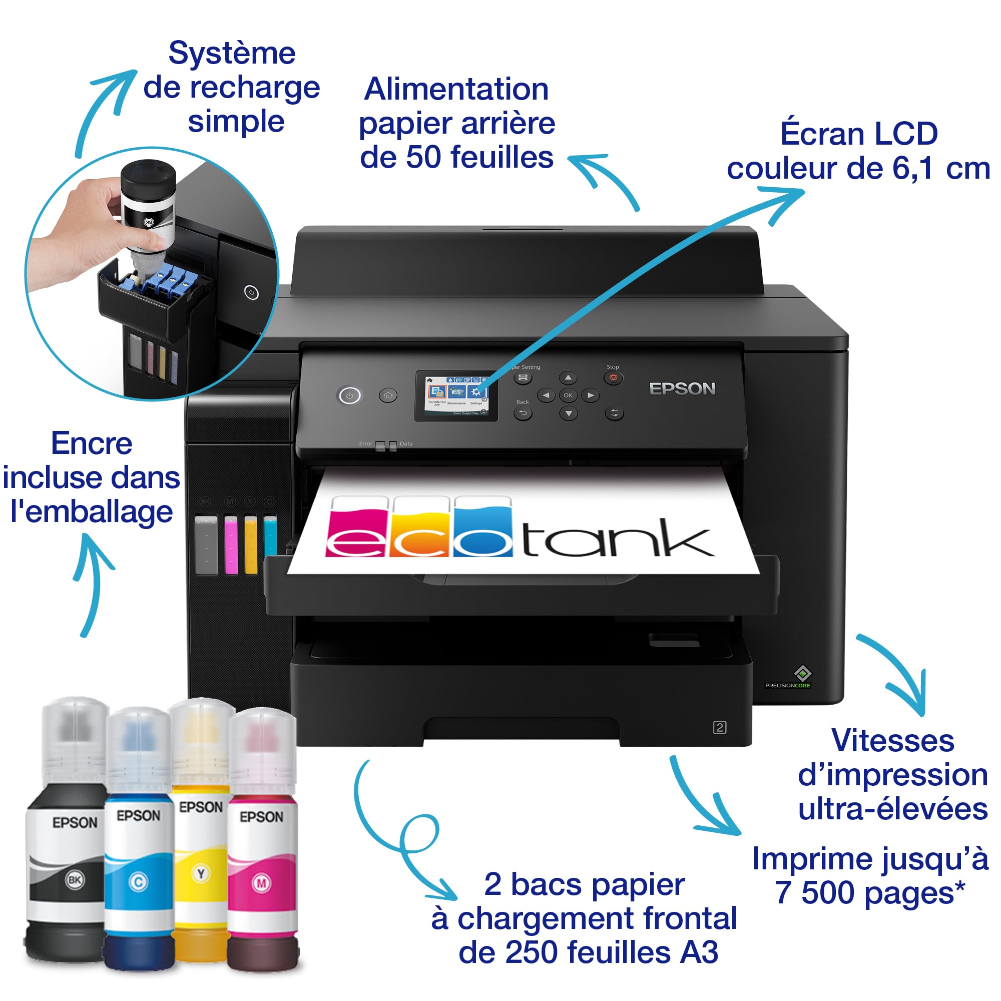 Epson EcoTank ET-16150 Imprimante à Réservoirs D’encre | Petits Bureaux & Entreprises | Wi-Fi | A3+ | Impression Recto Verso Automatique | Écran LCD 6,1cm | Jusqu’à 3 Ans d’encre inclus