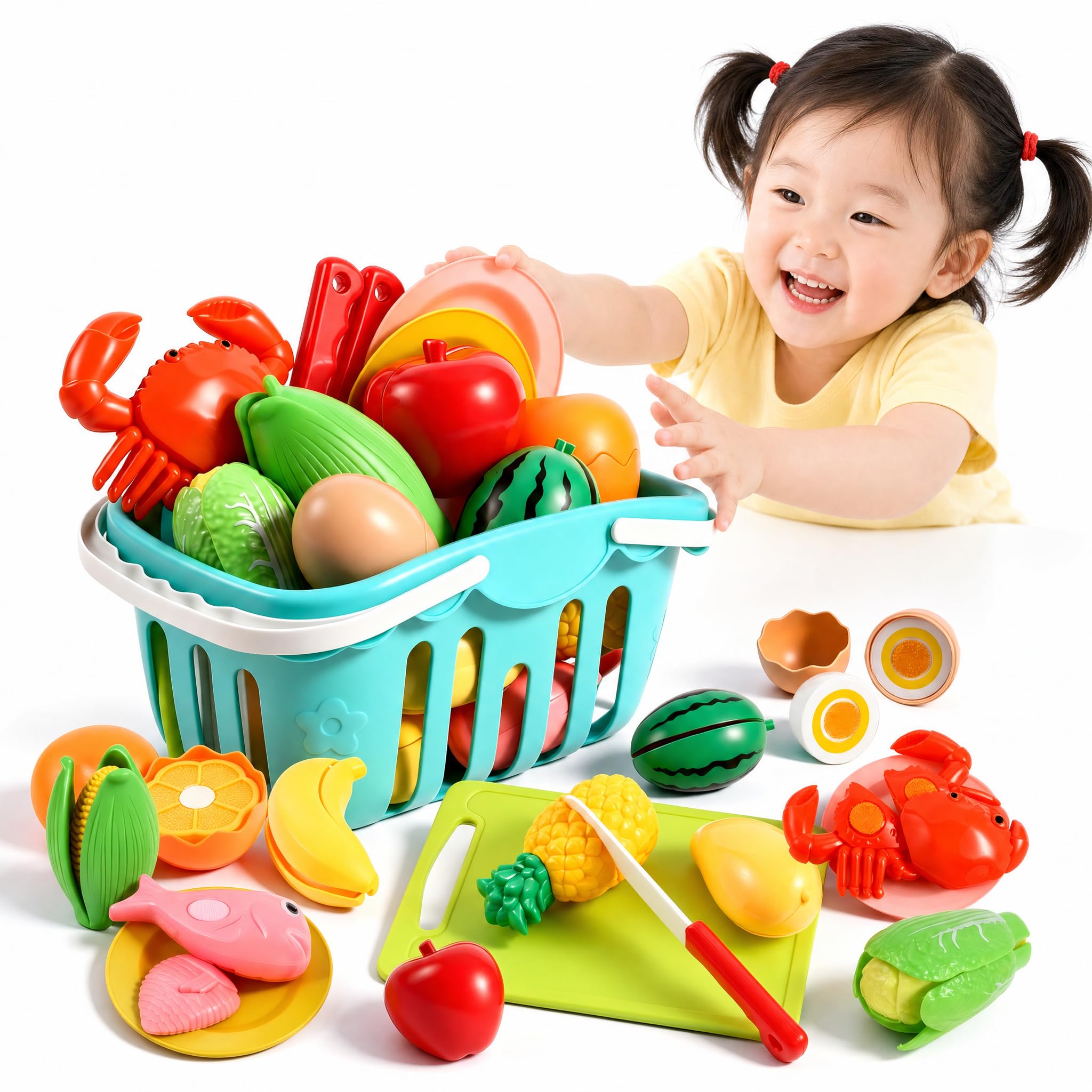 Play Food Sets for Kids Kitchen, 38 Pcs Pretend Food with Storage Basket,Plastic Food Cutting Toys, Play Kitchen Accessories for Toddlers, Educational Pretend Play Toys,Toddler Boys Girls Gifts