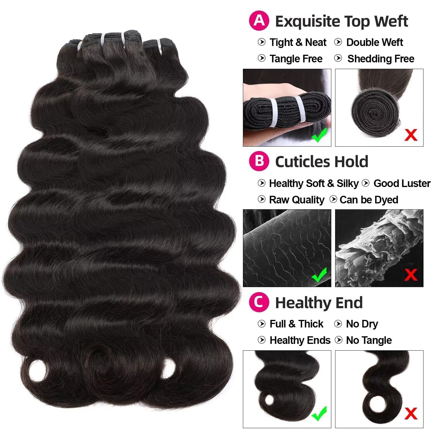 Lemoda Body Wave Human Hair Bundles 24 24 24 Inch Body Wave 3 Bundle 100% Unprocessed 15A Brazilian Remy Virgin Weave Bundles Human Hair Extensions Natural Black - Image 3