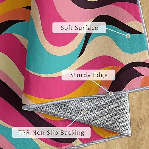 Miniatura 6 de Alfombra abstracta colorida de 2 x 3 pulgadas, lavable con rayas onduladas para entrada, dormitorio, cocina, alfombra retro de los años 70 para