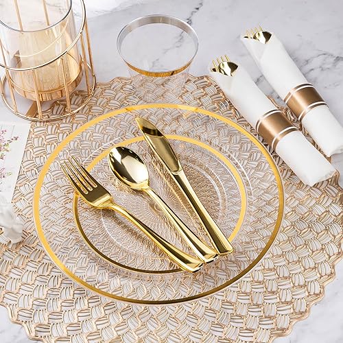 Miniatura 5 de Goodluck Juego de vajilla de plástico dorado de 350 piezas para fiestas, platos desechables transparentes para 50 invitados, incluye 50 platos de