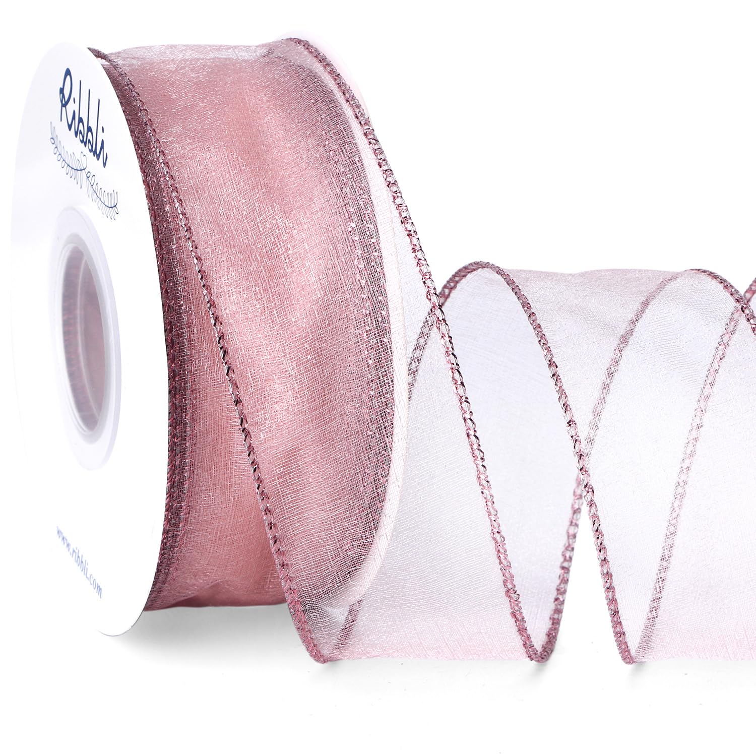 Ribbli Dusty Rose Organza Wired Ribbon, Rose Gold Sheer with Metallic Edge,1-1/2 Inch x 20 Yards Christmas Tree Ribbon for Decoration Gift Wrapping