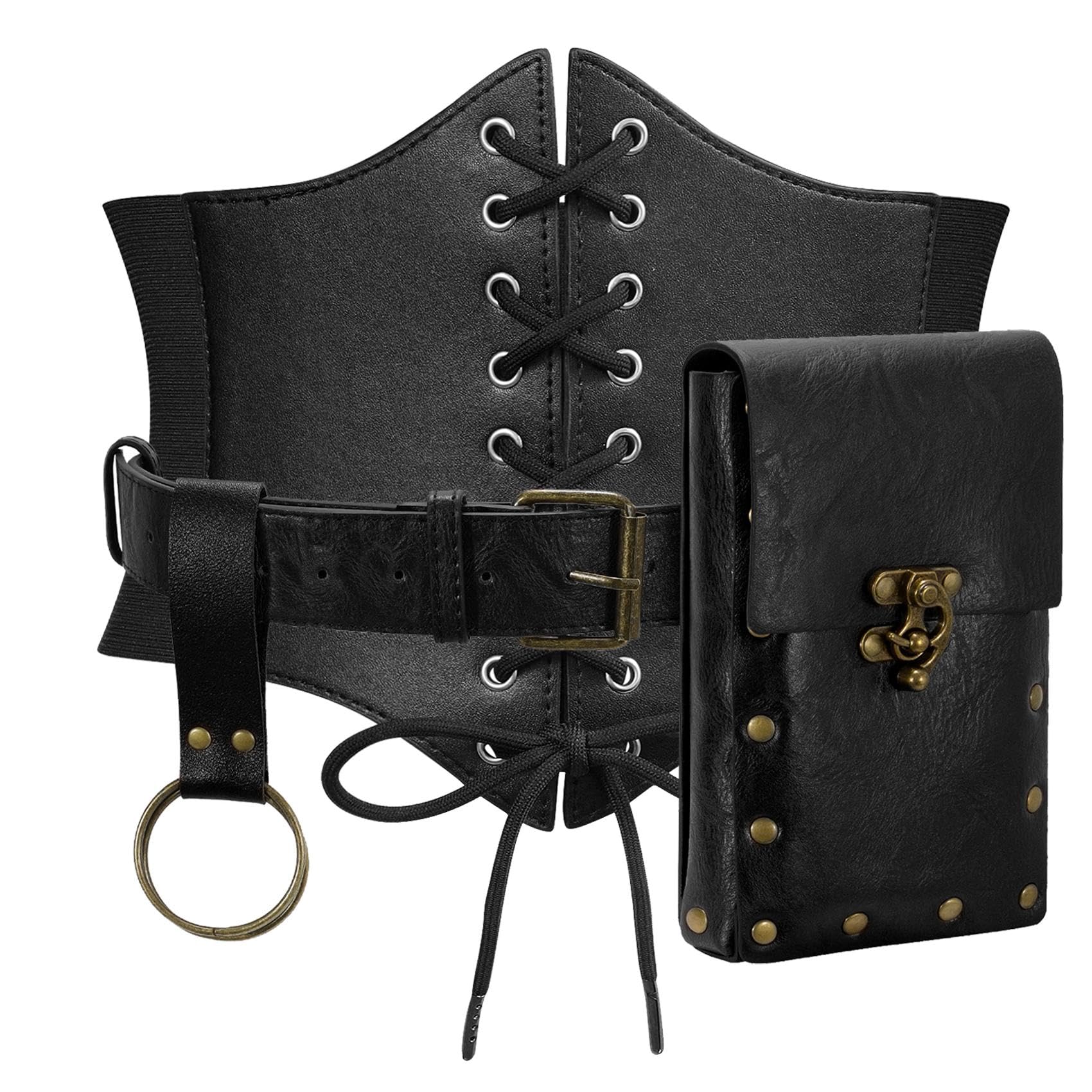 WERFORU Women Corset Belt Medieval Leather Belts for Women Renaissance Corset Belts Pouch Waist Bag Costume Accessories