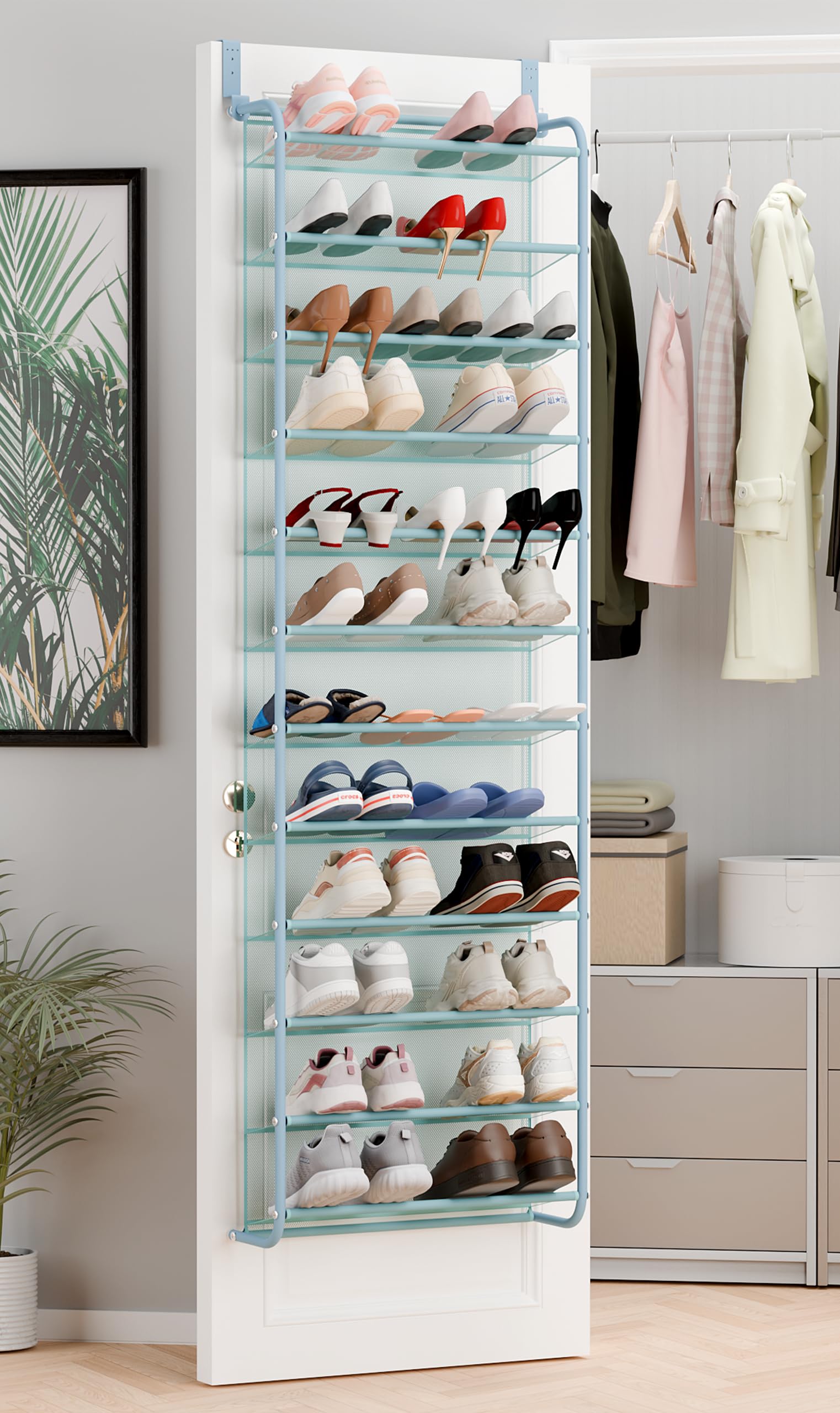 Whitmor 36 Pair Over the Door Shoe Rack,12 Tier Hanging Shoe Organizer with Metal Frame &amp; Mesh shelves, Heavy Duty Shoe Storage Holder for Door,No Drill Installation, 74" H x 21.7" W x 7.5" D, Blue
