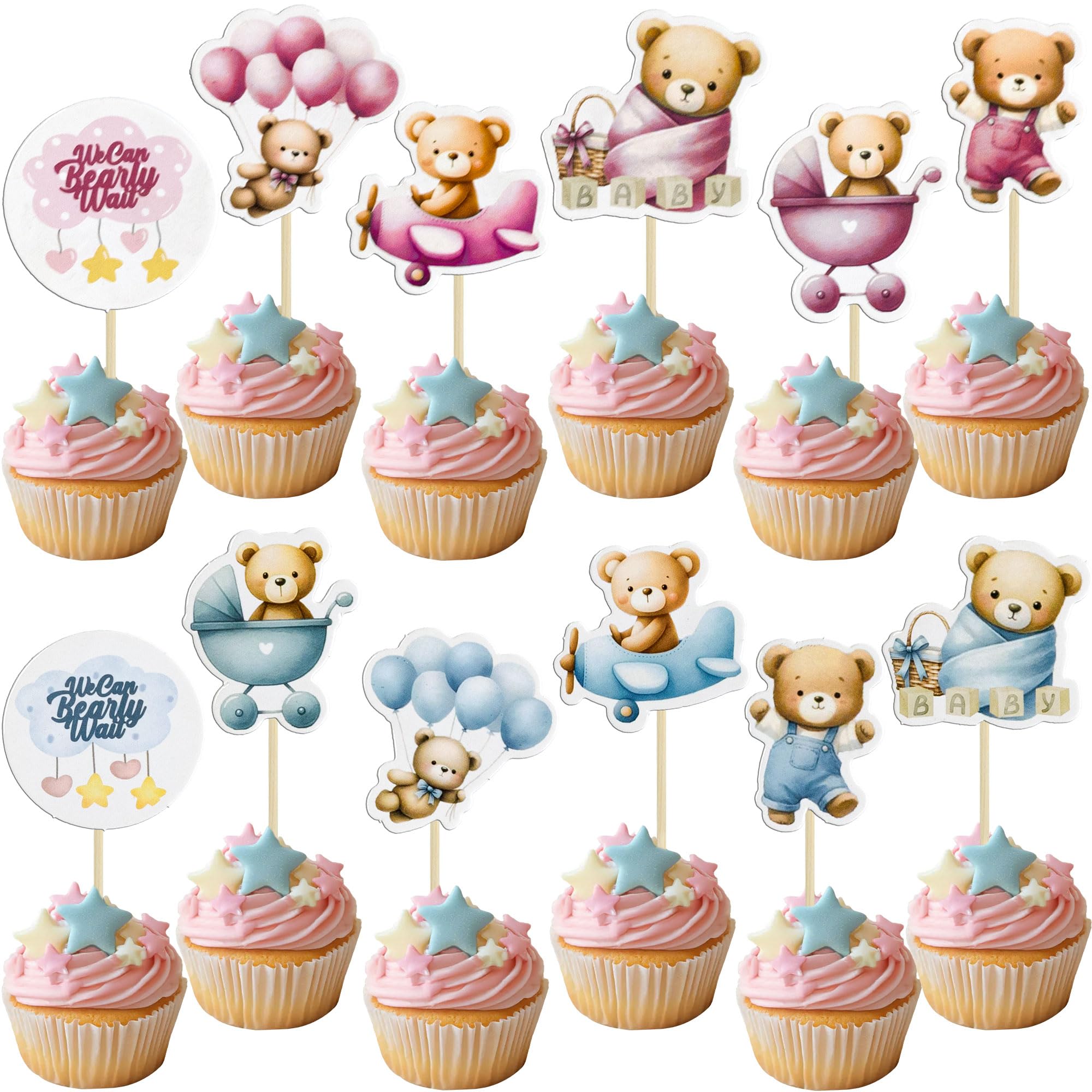 Gyufise 36Pcs Bear Cupcake Toppers Bear Cupcake Picks Baby Carriage Bottle Balloon We can Bearly Wait Cake Decorations for Baby Shower Gender Reveal Kids Birthday Party Supplies Blue Pink Coffee