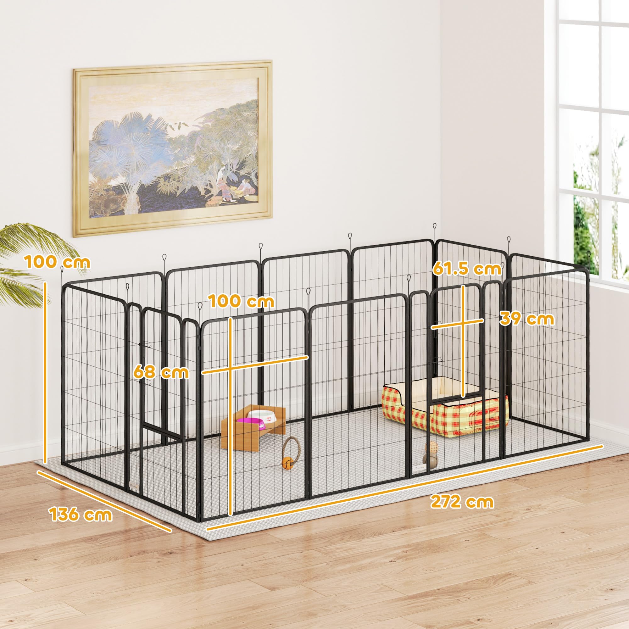 PawHut Recinto per Cani Pieghevole in Acciaio, Recinto Espandibile per Animali con Picchetti per Interni ed Esterni, 68 x 100 cm, 12 Pannelli, Nero