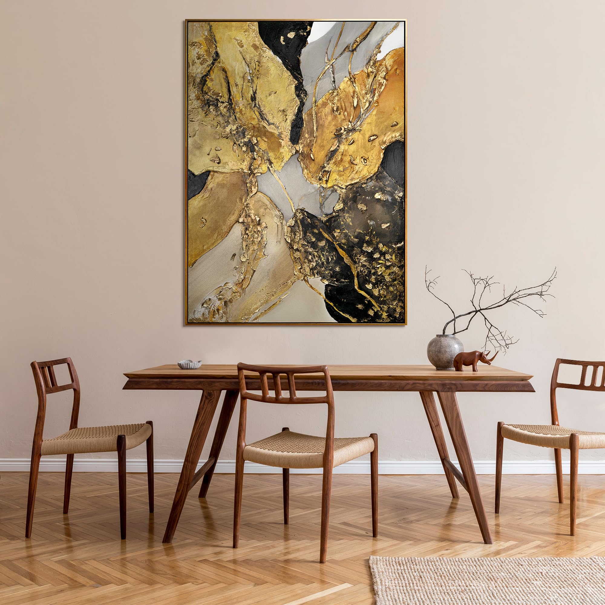 YS-Art Quadro Astratto Oro Nero Dipinto a Mano in Acrilico, Arte Moderna Materica 140x100 cm