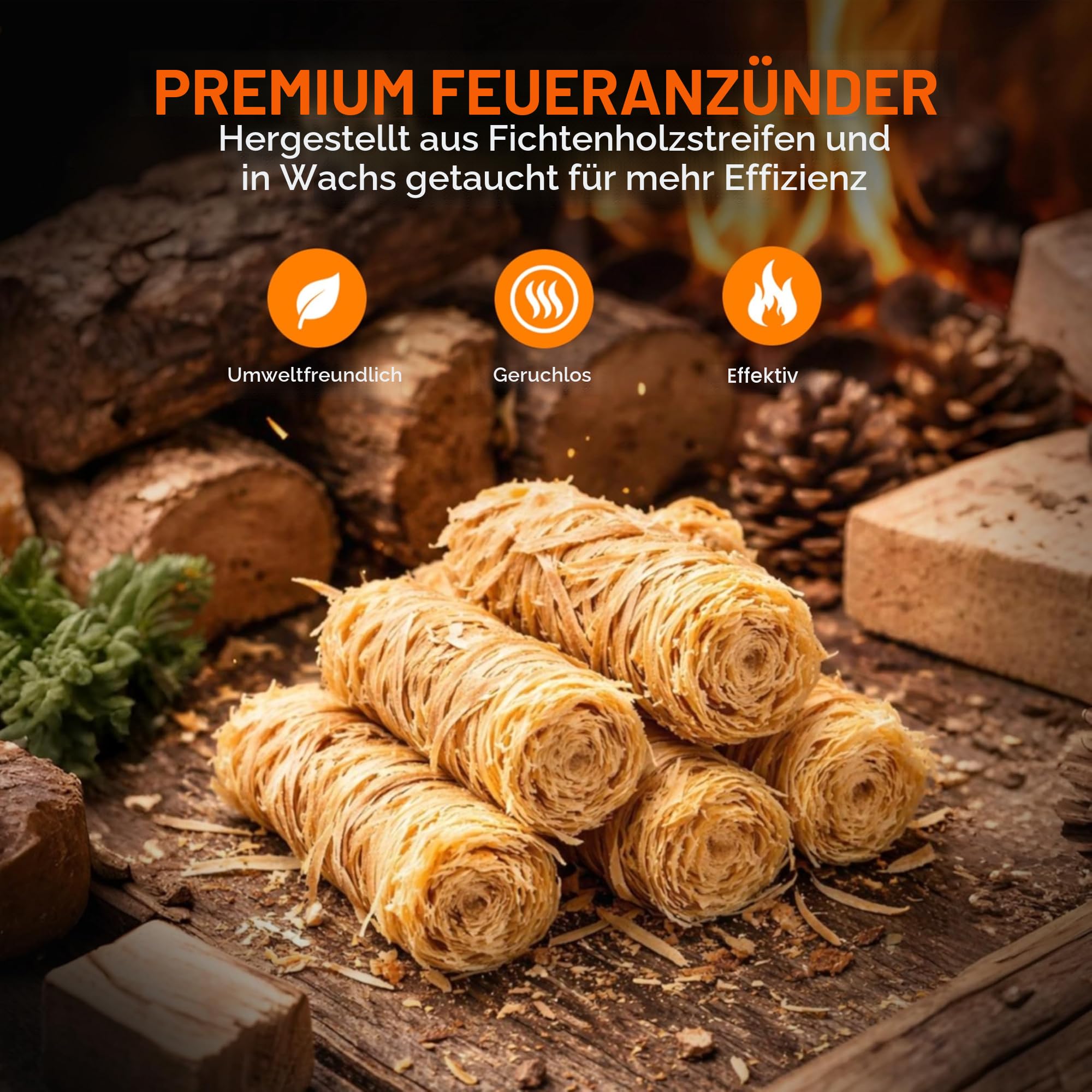 Premium Feueranzünder aus Naturholz, umweltfreundlich, Holzkohleanzünder, Holzwolle Feuerstarter für Grill, Pizzaöfen & Smoker sauber, sicher und geruchsneutral, 200 Stück, Holz