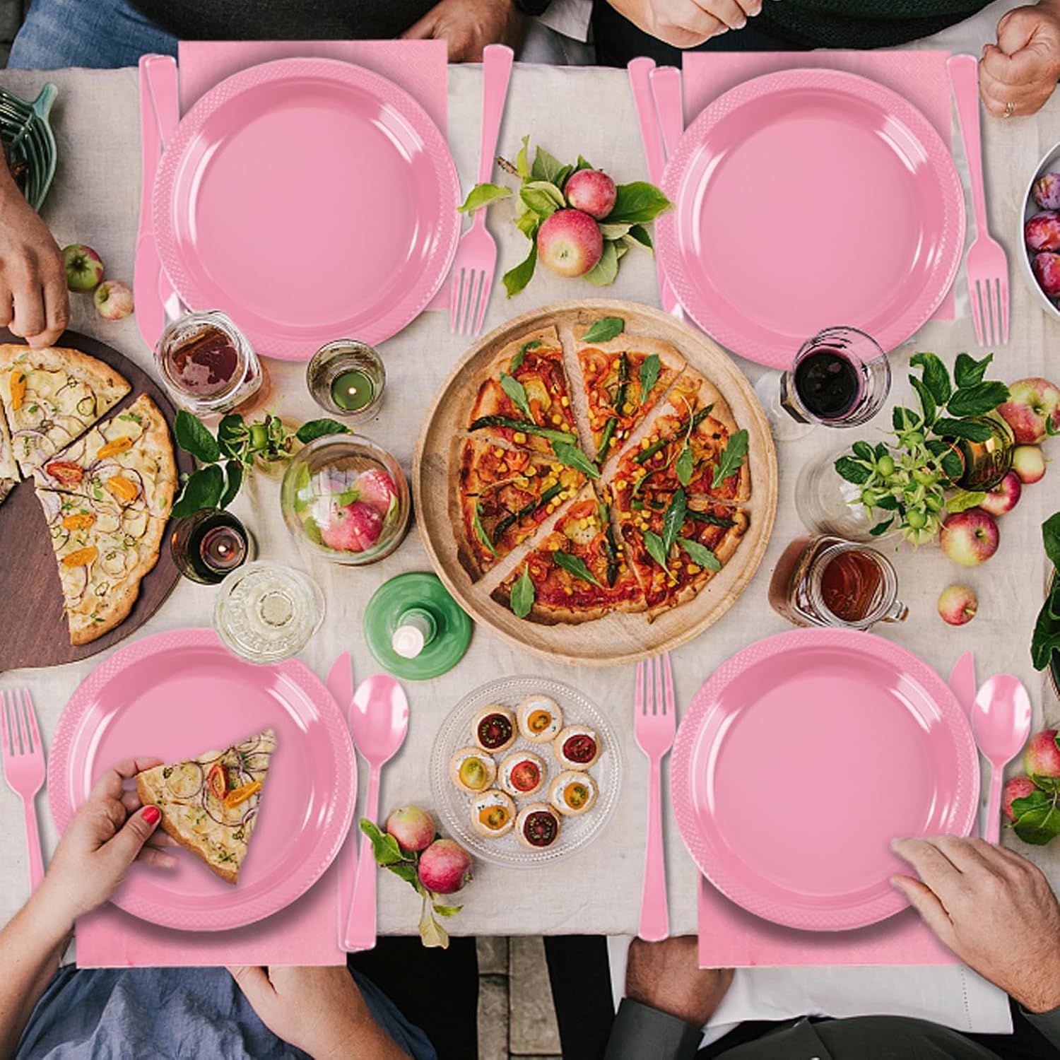 Pink Plastic Plates, 25 Guest Pink Party Supplies Set, Pink Disposable Dinnerware Set, Including Plastic Plates, 12 oz Cups, plastic Cutlery and Paper Napkins for Party Wedding Birthday