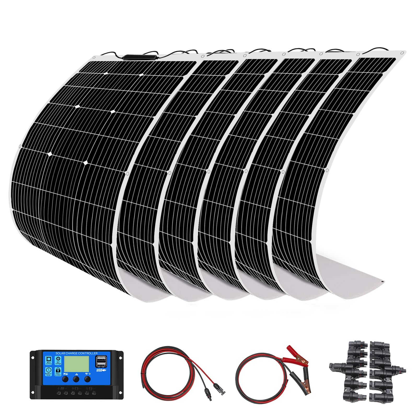 Solar Panel Kit 400W 4*100W Flexible Solar Panel 12V Photovoltaic Waterproof Solar Charger 40A Controller+3m Cable+1m Battery Clip Cable for 12v Baterry Charger (400)