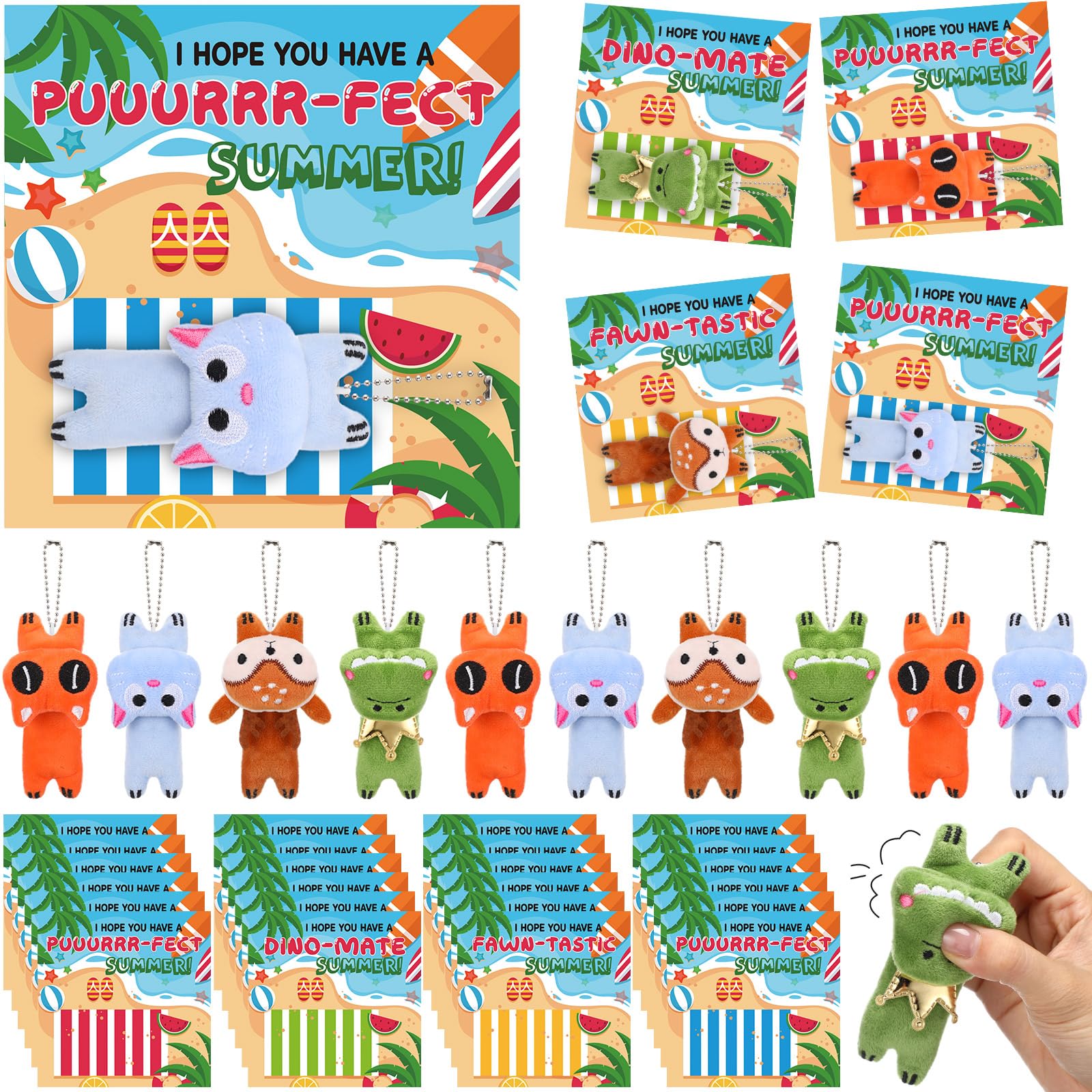 Soulchen 24 Sets Mini Plush Animals Keychains with Beach Cards Summer Gifts Bulk Including Cat Dinosaur and Deer Plush for Goodie Bag Fillers