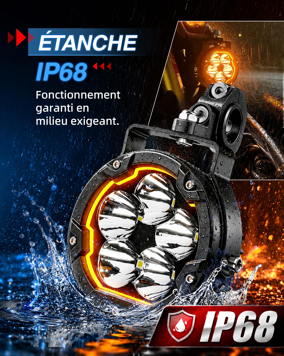 BraveWAY Phares Additionnels Moto 3,7 Pouces 70W 16000LM DRL Ambré Fonction Stroboscopique Faisceau Combin Caches Jaunes/Noirs Supports en U et Tubulaire Harnais de Câbles