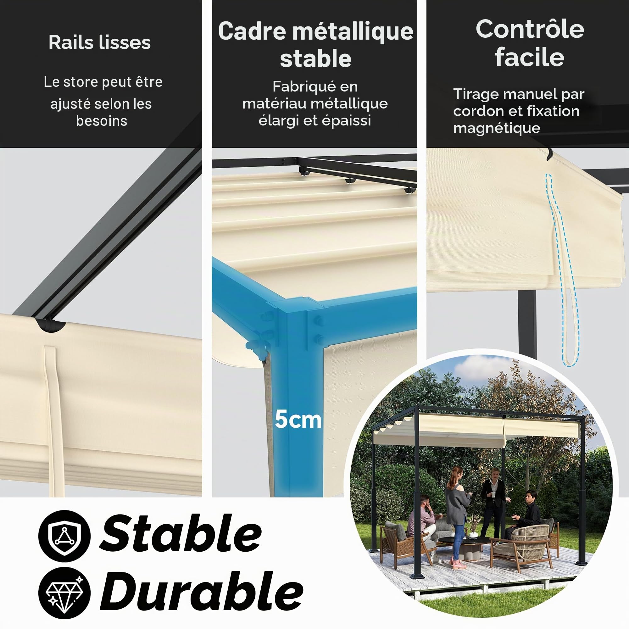 FIVMEN Pergola Tonnelle de jardin 3 x 3 m - Imperméable et stable - Résistant à l'hiver - Avec zones d'ombrage réglables - Protection solaire pour jardin, terrasse et balcon - Beige