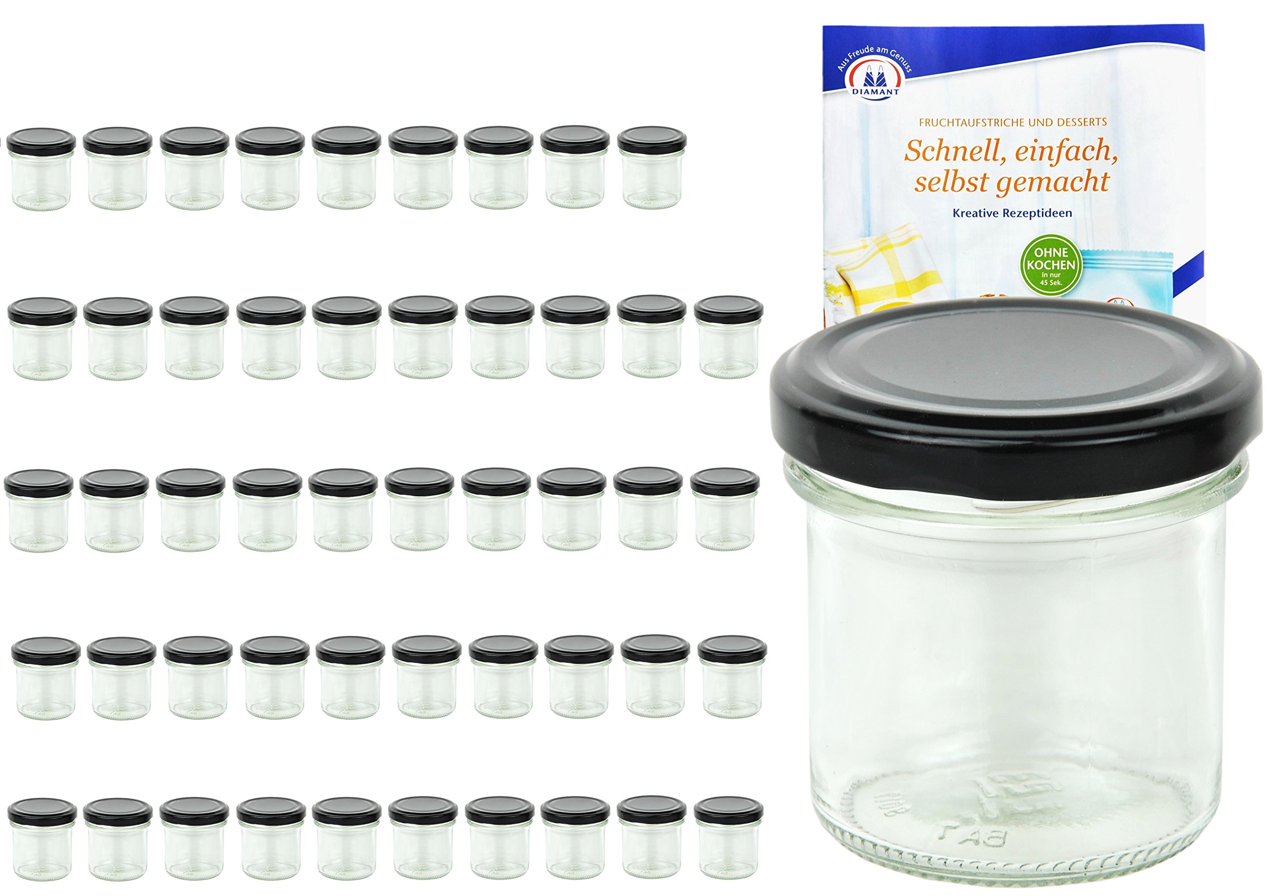 MamboCat Set di 50 vasetti da 167 ml, colore coperchio nero To 66, con libro di ricette per gelificante, barattoli per marmellata, barattoli per conserve, barattoli per conserve, barattoli