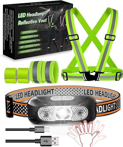 Chaleco reflectante con faro LED, paquete de 6 piezas de equipo de correr reflectante con sensor de movimiento recargable, brazaletes reflectores de