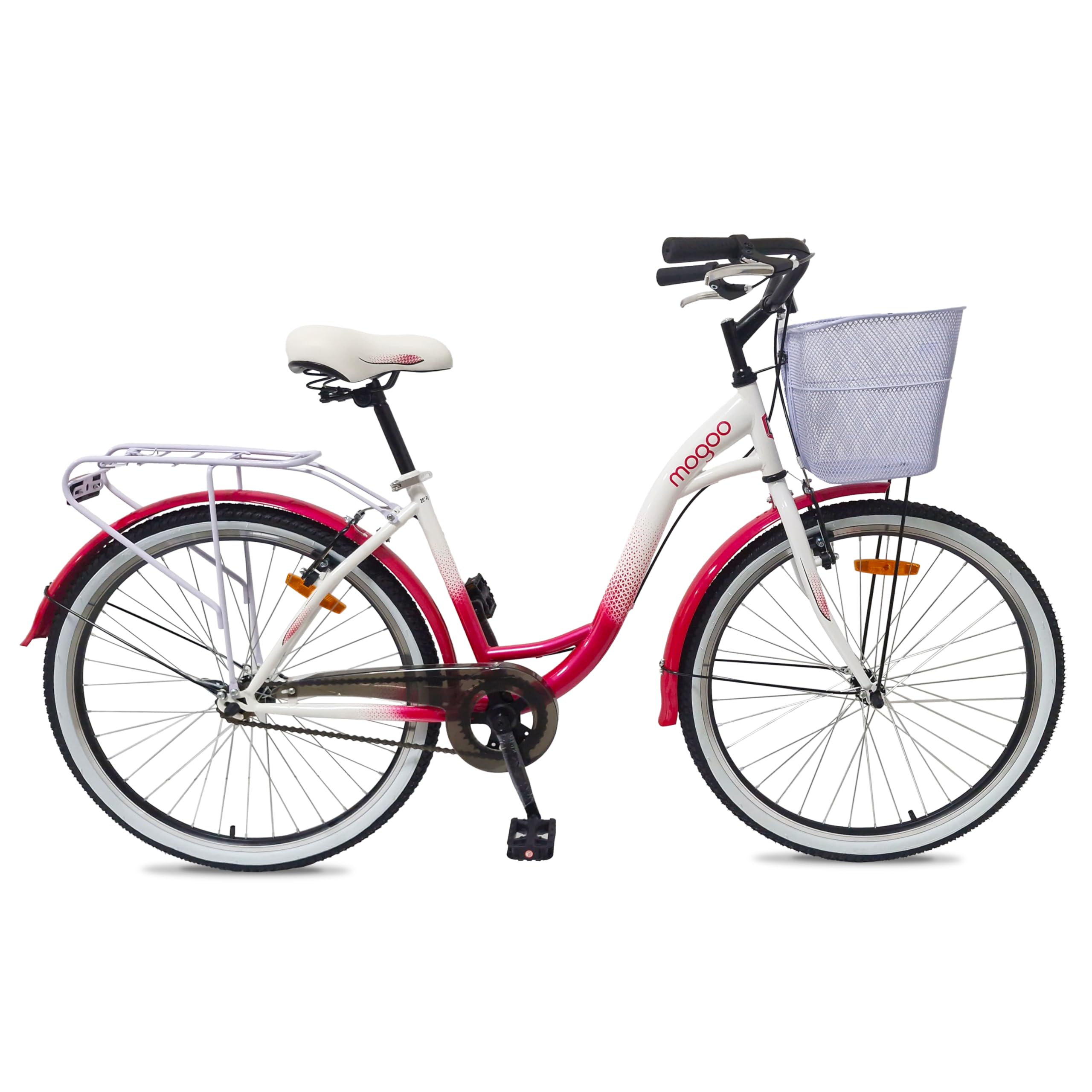 Mogoo Floress City Bike 26"/24" – 1-Speed, Steel Frame, V-Brakes, Lady’s Comfort Design, Rear Carrier, Steel Basket, Double Wall Alloy Rims, Classic Urban Bicycle for Women