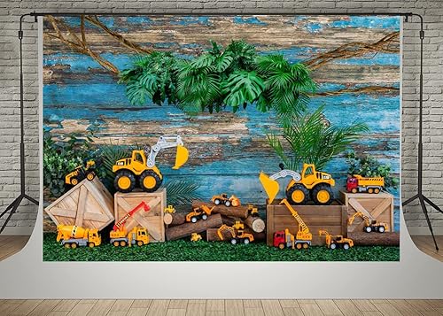 Kate Vehículo de ingeniería de juguete de 7 x 5 pies, decoración de coche, fondo de estudio fotográfico, color azul, primavera, plantas verdes,