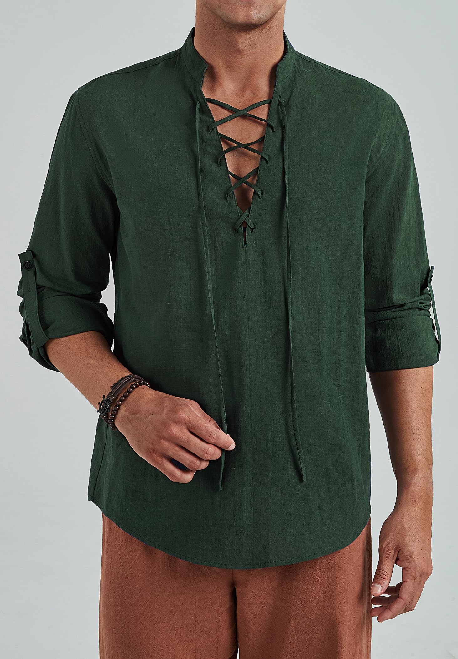 Enlision Camicia in Lino da Uomo Camicia Henley con Lacci retrò Punk Costume Medievale Rinascimentale Camicia Ghillie Scozzese Classica