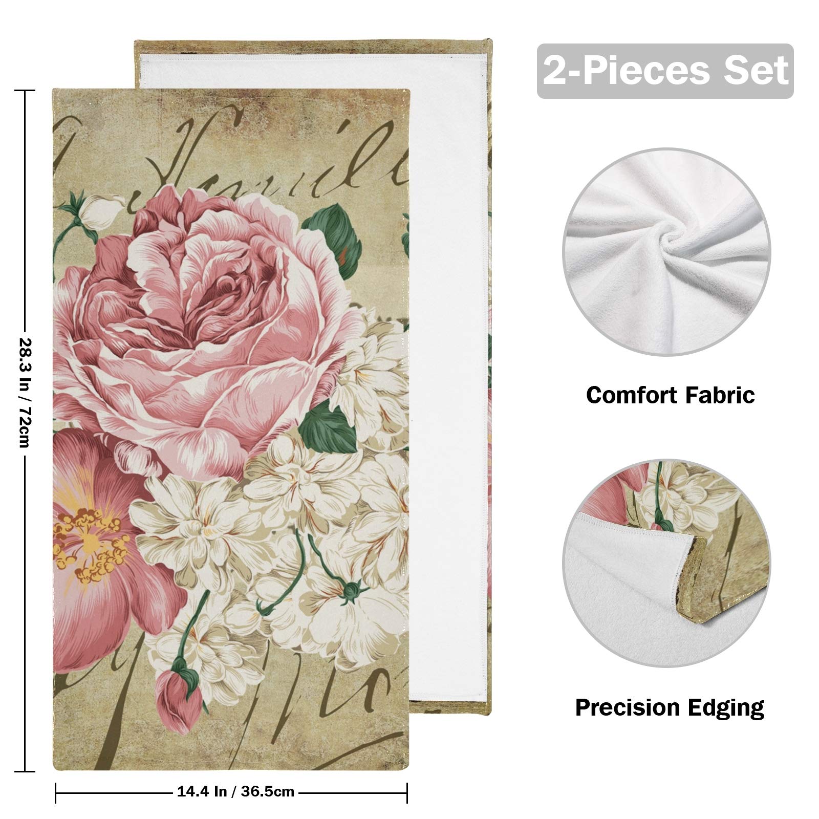 ALAZA Hand Towels 2 Packs, Vintage Shabby Chic Pink Rose Floral Kitchen Dish Bathroom Towels Kitchen Face Wash Cloths, 28 x 14 inch