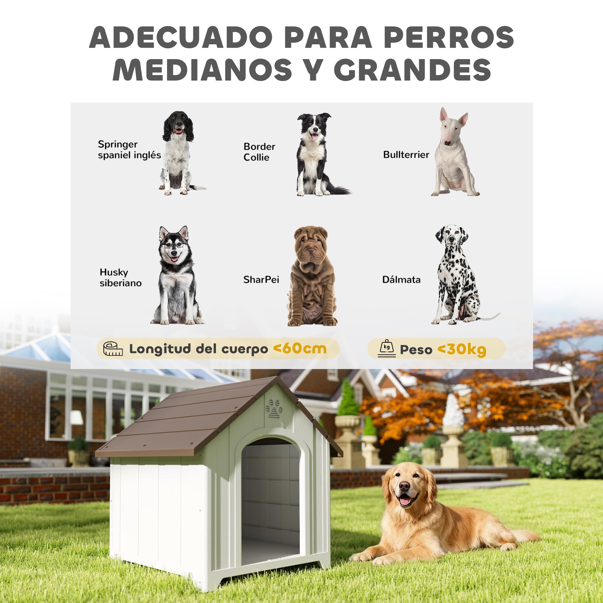 PawHut Caseta para Perros Exterior, Casa para Perros Grandes de Plástico Impermeable con 2 Ventanas, Base Elevada, Estacas, Fácil de Montar, 88x79x89 cm, Marrón Oscuro