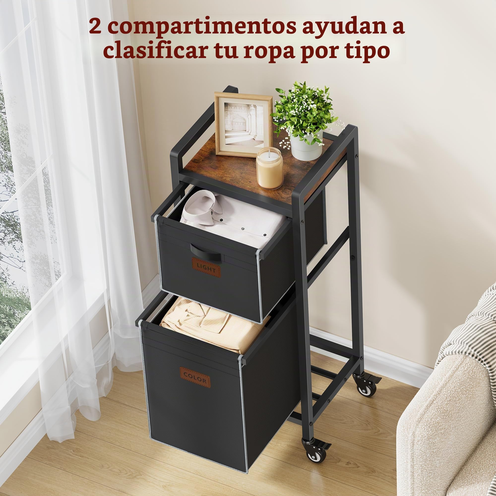 FAVOOSTY Cesto para Ropa Sucia, 2 Compartimentos, 70L, Cesta de Colada con Tablero Superior y Ruedas, Marco Metálico, Cesto Colada para Dormitorio, Baño, Dormitorio, Lavandería, Negro