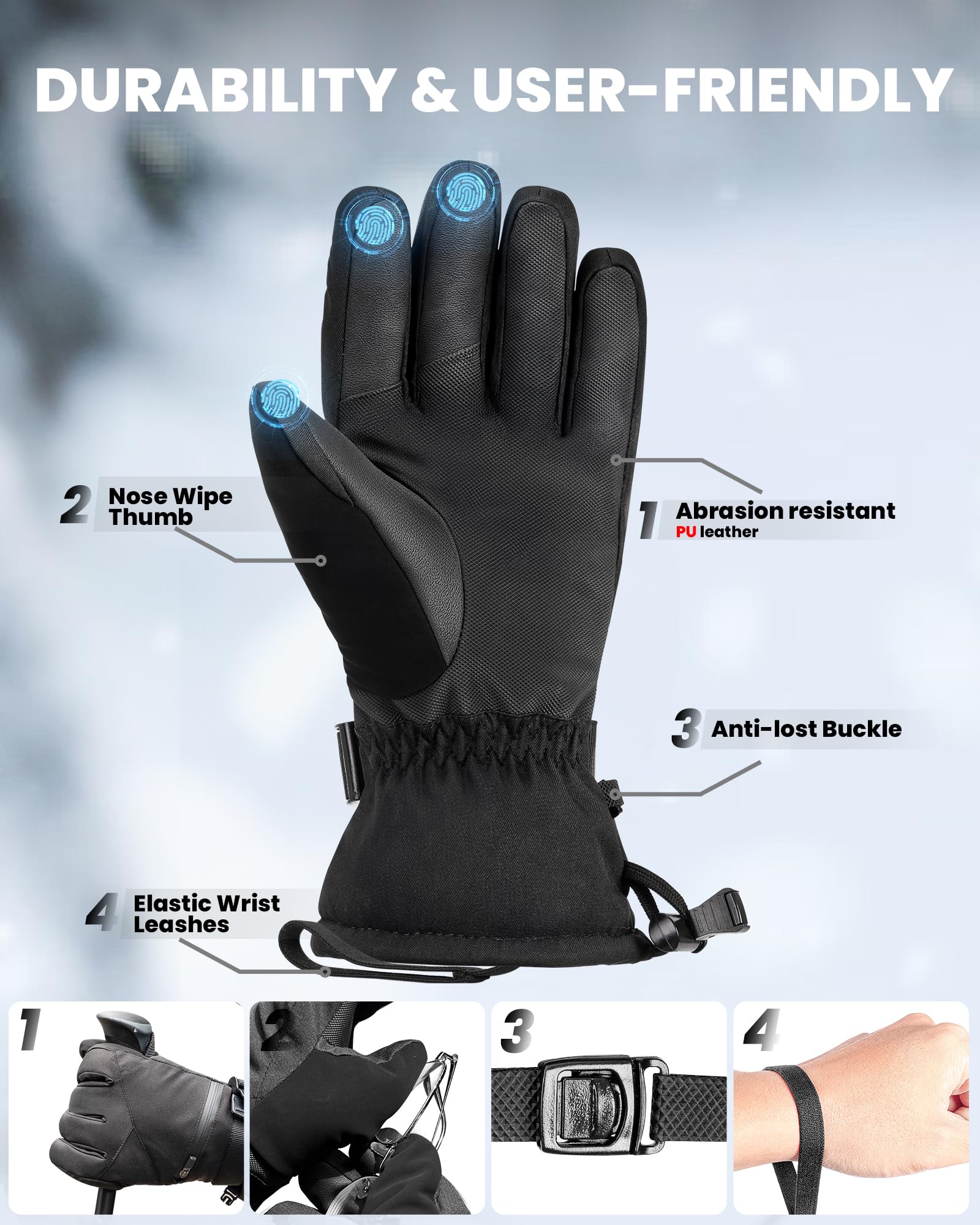 OutdoorMaster Rękawice narciarskie dla kobiet i mężczyzn, 3M Thinsulate zimowe ciepłe rękawice snowboardowe ekran dotykowy, termiczne, wodoodporne, z podwójną kieszenią, do jazdy na nartach