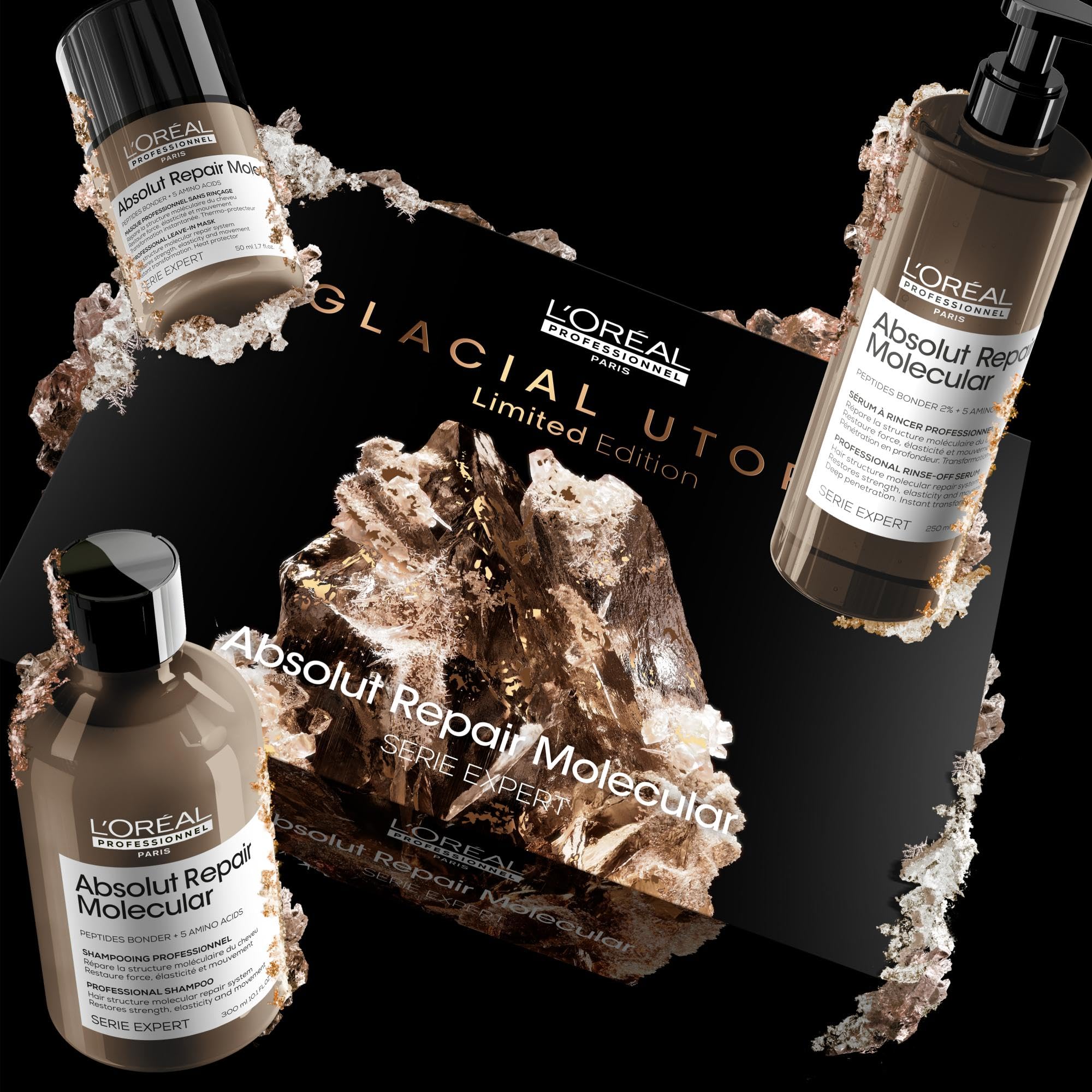 L'Oréal Professionnel, Coffret Cadeau Absolut Repair Molecular, Routine Réparatrice, Cheveux Abîmés, Trio Shampoing + Sérum à Rincer + Masque Sans Rinçage, Édition Limitée Serie Expert
