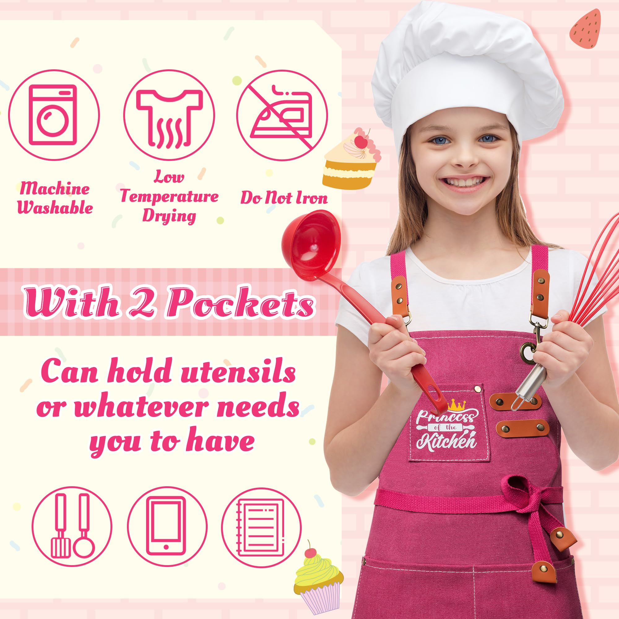 Kid Apron - Adjustable Pink Princess Children Kitchen Waterproof Canvas Apron with Pockets Dress up Role Play Chef Toy Funny Cooking Birthday Gift for Girls Cooking Baking Painting Training