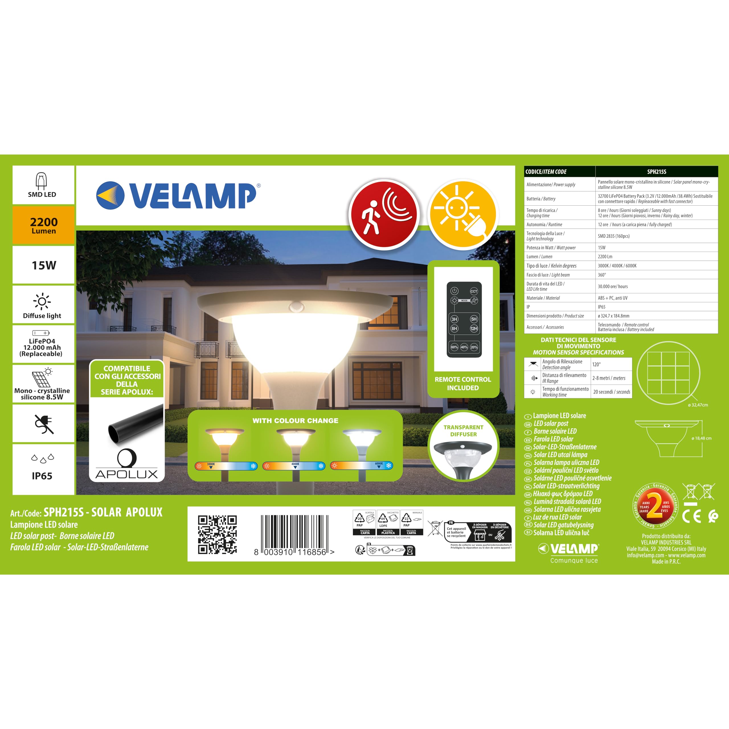 Solarna lampa uliczna 15 W, zewnętrzna lampa solarna 2000 lm. Temperatura barwowa (CCT): 3 barwy światła do wyboru (ciepła, naturalna, zimna). Idealna do parkingów, ogrodów, dziedzińców, firm itp.