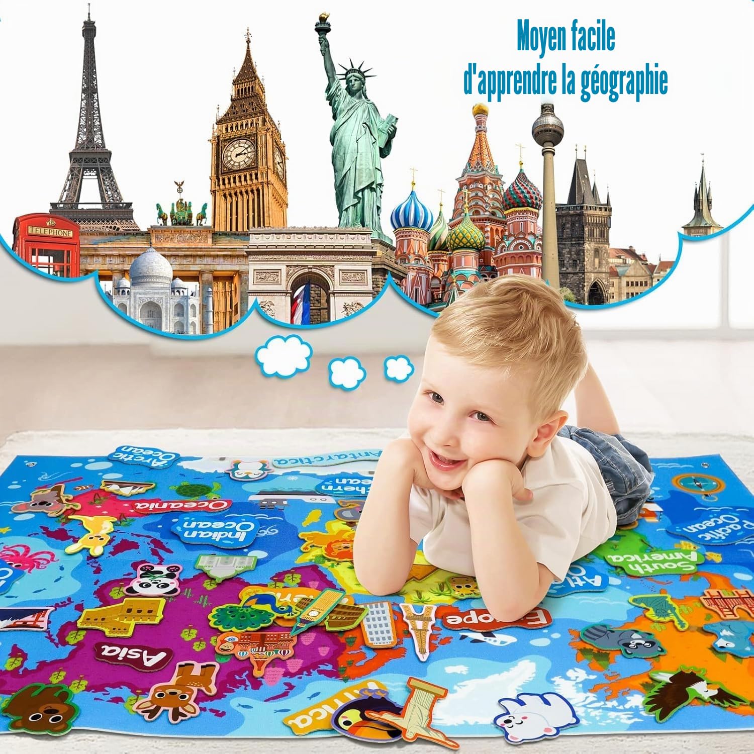 Carte du Monde en Feutrine 110x70 cm avec Monuments et Animaux | Set Éducatif Montessori à Velcro | Tapis d’Apprentissage pour Enfants 4+ | Découverte des Continents et Cultures