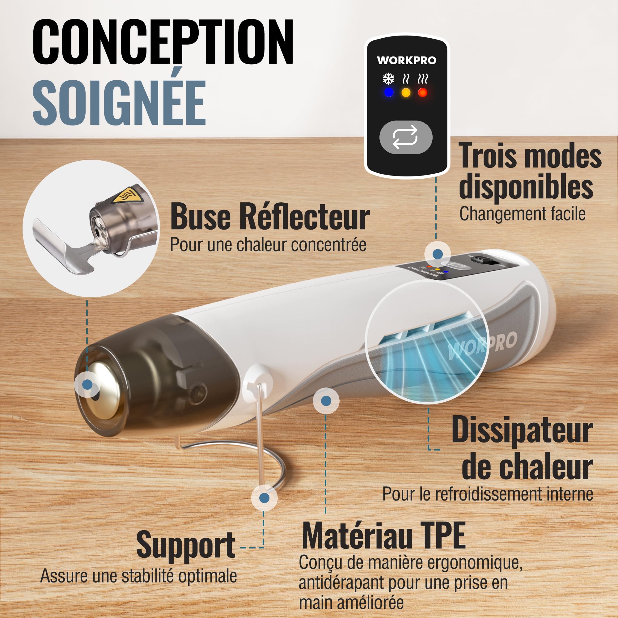 WORKPRO Mini Décapeur Thermique Professionnel 7,2V, Pistolet à Air Chaud Sans Fil, 3 Températures (Froid/150℃/360℃), Chauffage Rapide, 2000 mAh, Avec Buse et Câble de Charge USB-C, pour Bricolage