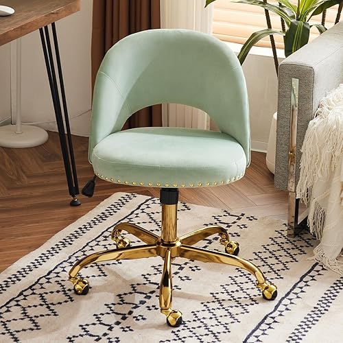 Miniatura 1 de VINGLI Silla de oficina pequeña de terciopelo moderna, bonita silla de escritorio con ruedas, base doradatachuelas, cómoda silla giratoria sin