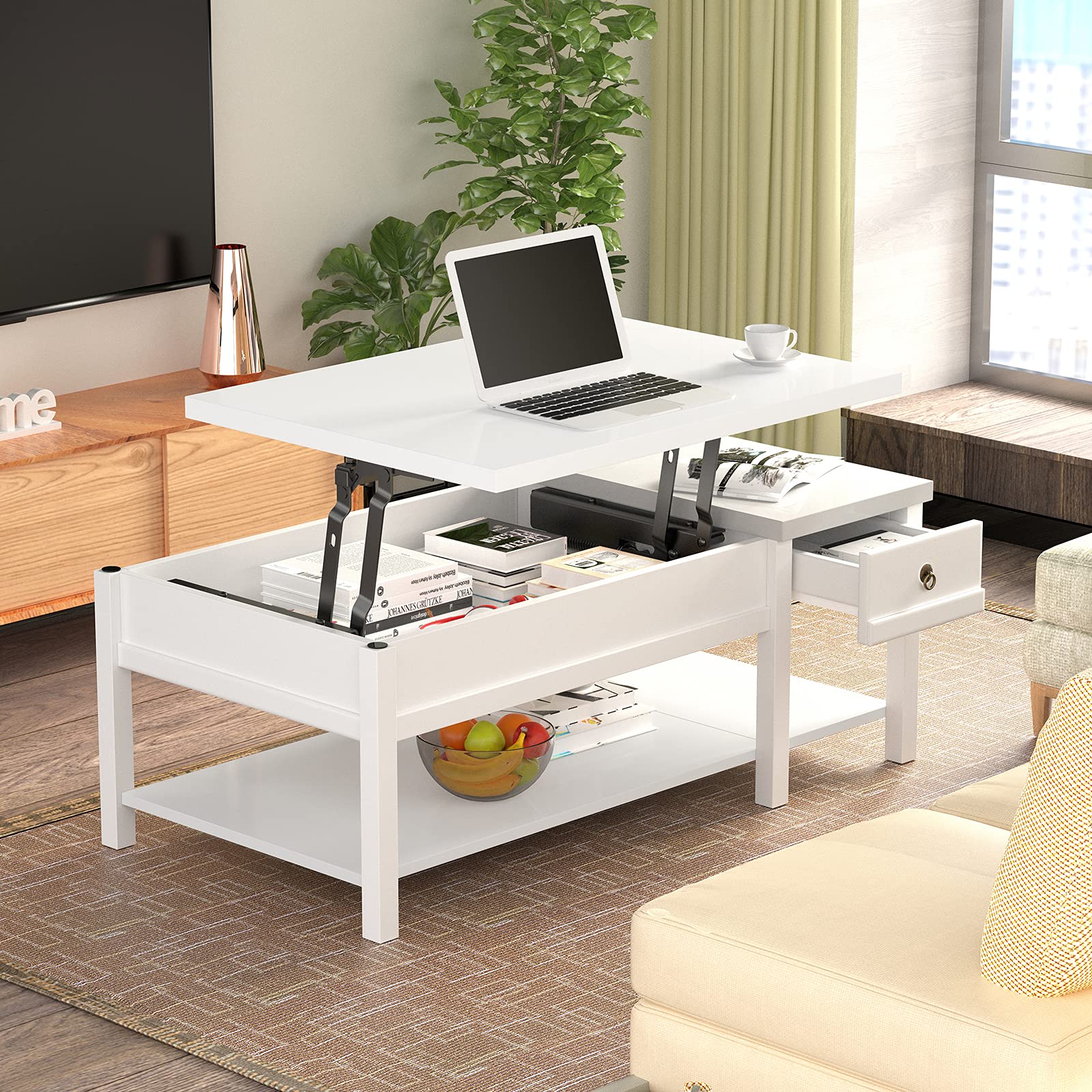 White Lift Top Coffee Table, Storage Coffee Table with Drawer, Wood