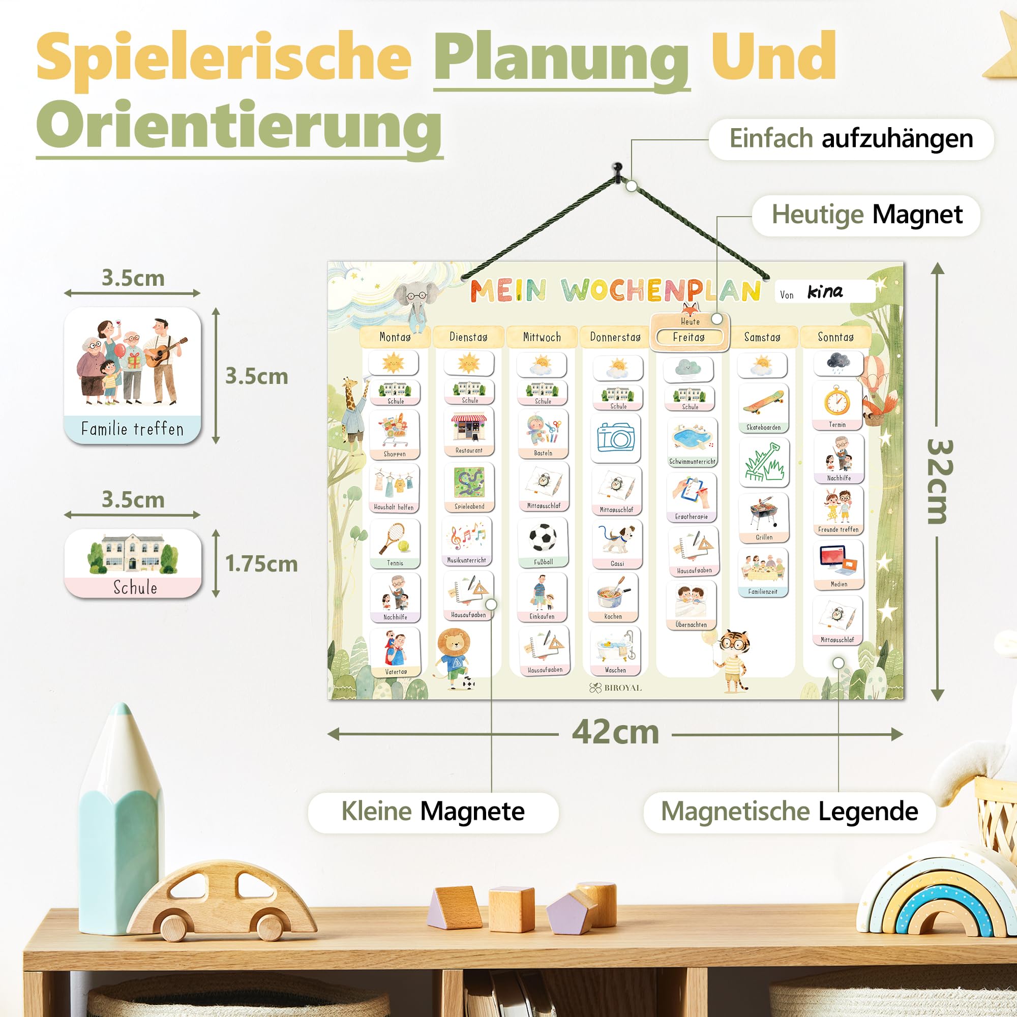BIROYAL Wochenplaner für Kinder | Montessori Magnettafel inkl. 186 Magnete & Kordel | Kalender beschreib & abwischbar | magnetisches Lernspielzeug auf Deutsch für Kinder