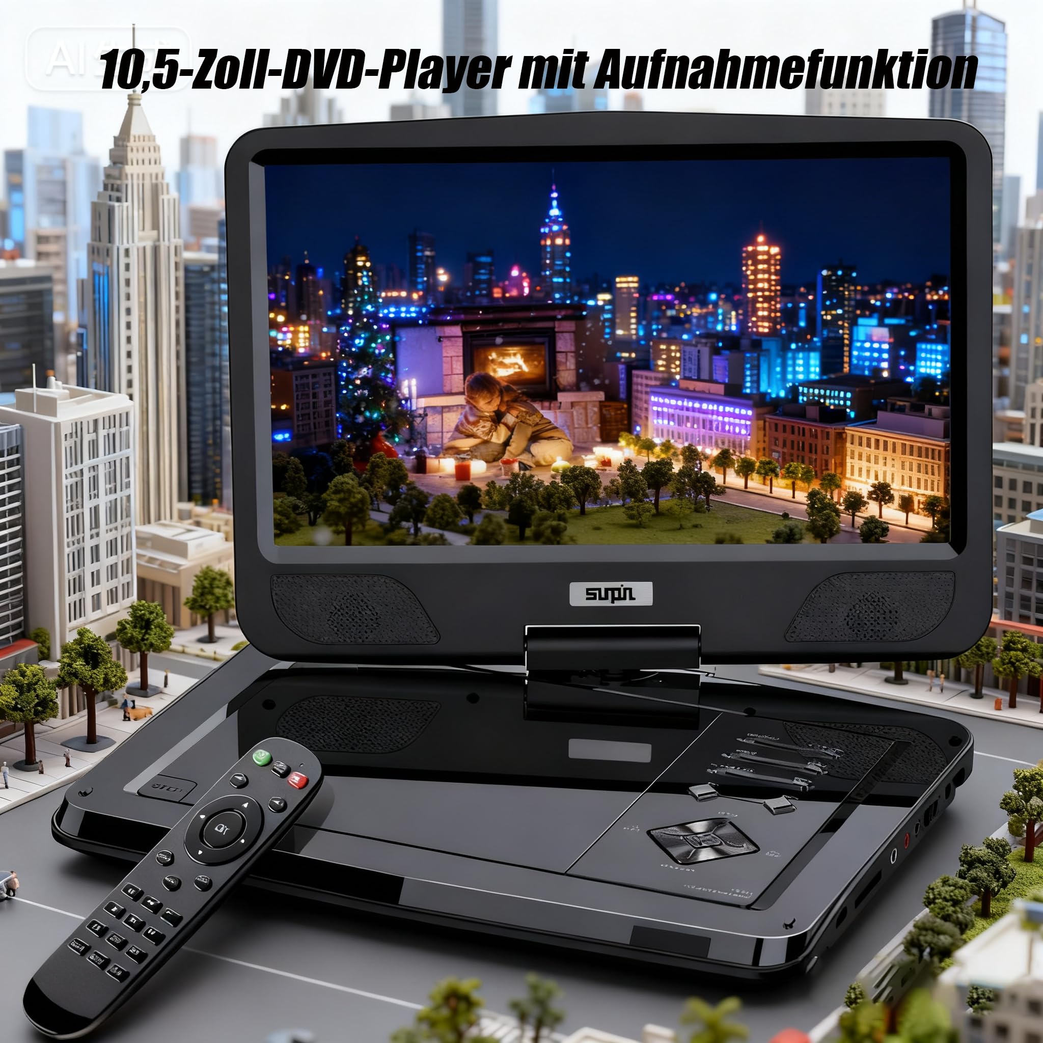 SUNPIN 12,5 Zoll Tragbarer DVD Player mit 10,5 Zoll HD Schwenkbaren Bildschirm, 6h Akkulaufzeit, Region Free, AV-Out/Kopfhörerbuchse, Auto Halterung Inklusive - Ideal für Reisen/Auto/Kinder