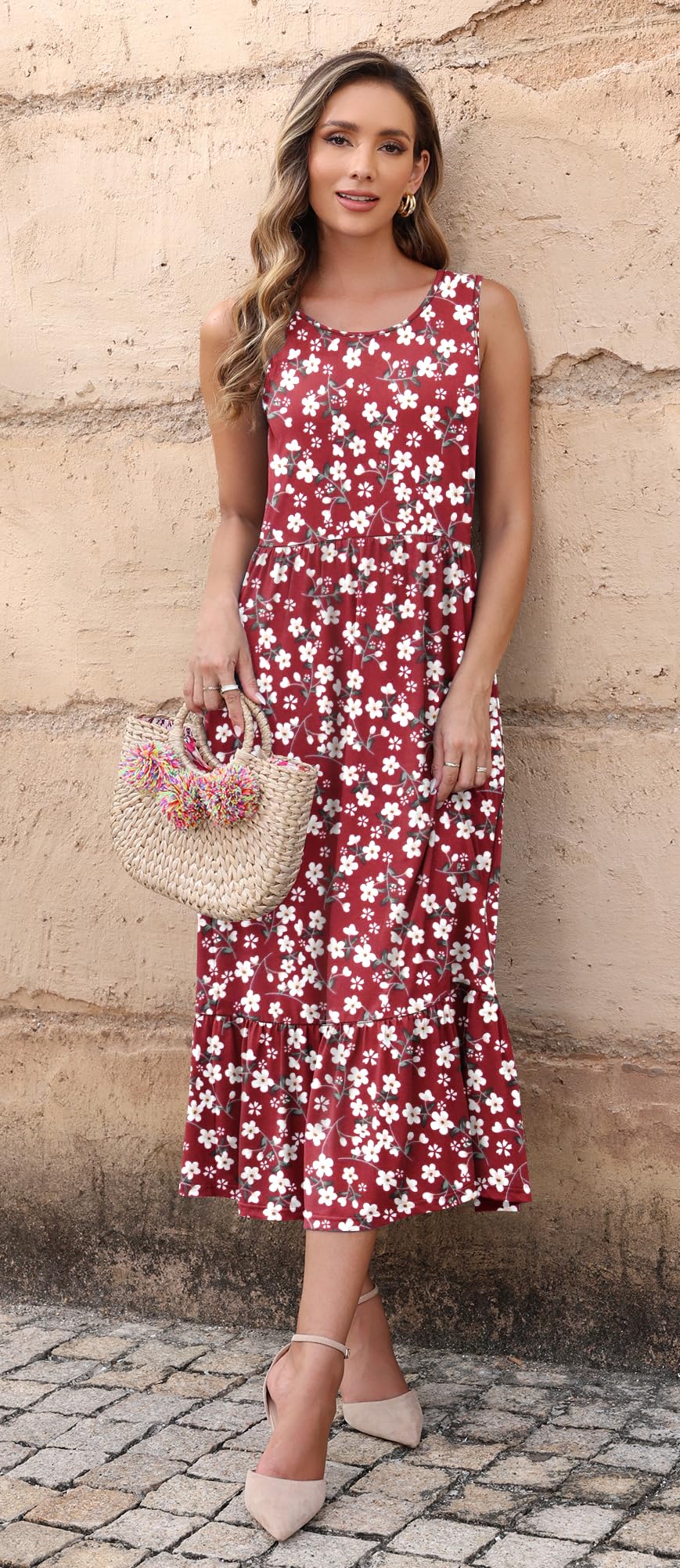 AUSELILY Vestidos Largo Verano Mujer Cuello Redondo Sin Mangas | Casual Elegante Maxi Vestido Playa Mujer Largo Ligero y Aireado con Bolsillos Cintura Elástica