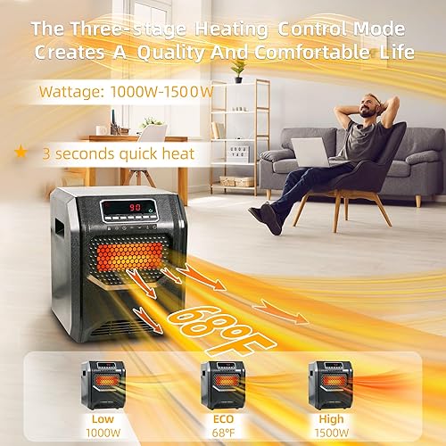 Miniatura 3 de Calentador de espacio de cuarzo para uso en interiores RealSmart 1500W Calentador eléctrico de control remoto Calentador infrarrojo Oficina