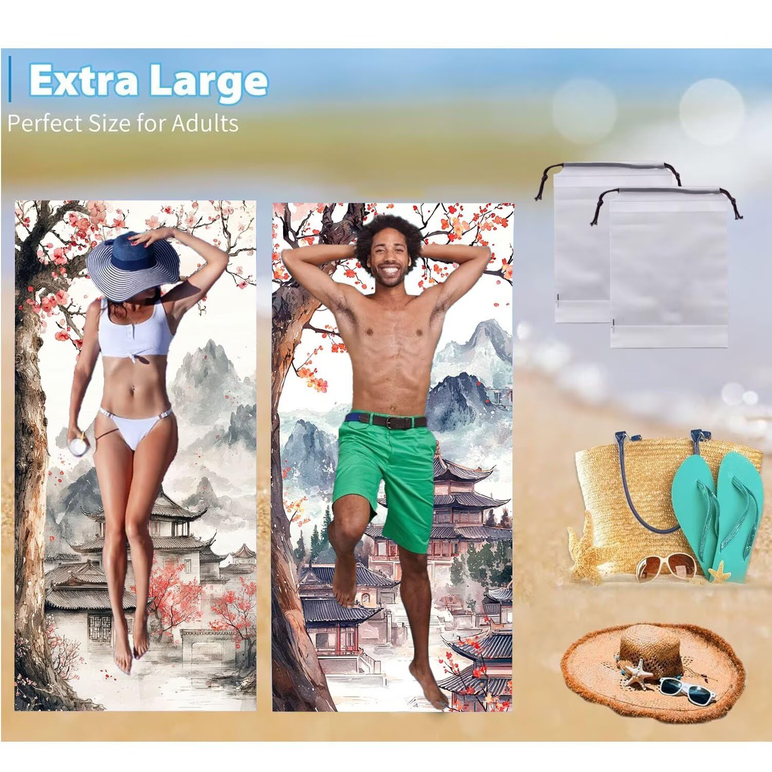Ręcznik plażowy 90 x 200 cm, zestaw 2 dużych ręczników z mikrofibry szybkoschnący, chłonny, kompaktowy, ręcznik kąpielowy bez piasku lato koc plażowy damski do kąpieli prezent (strych krajobraz) H-311
