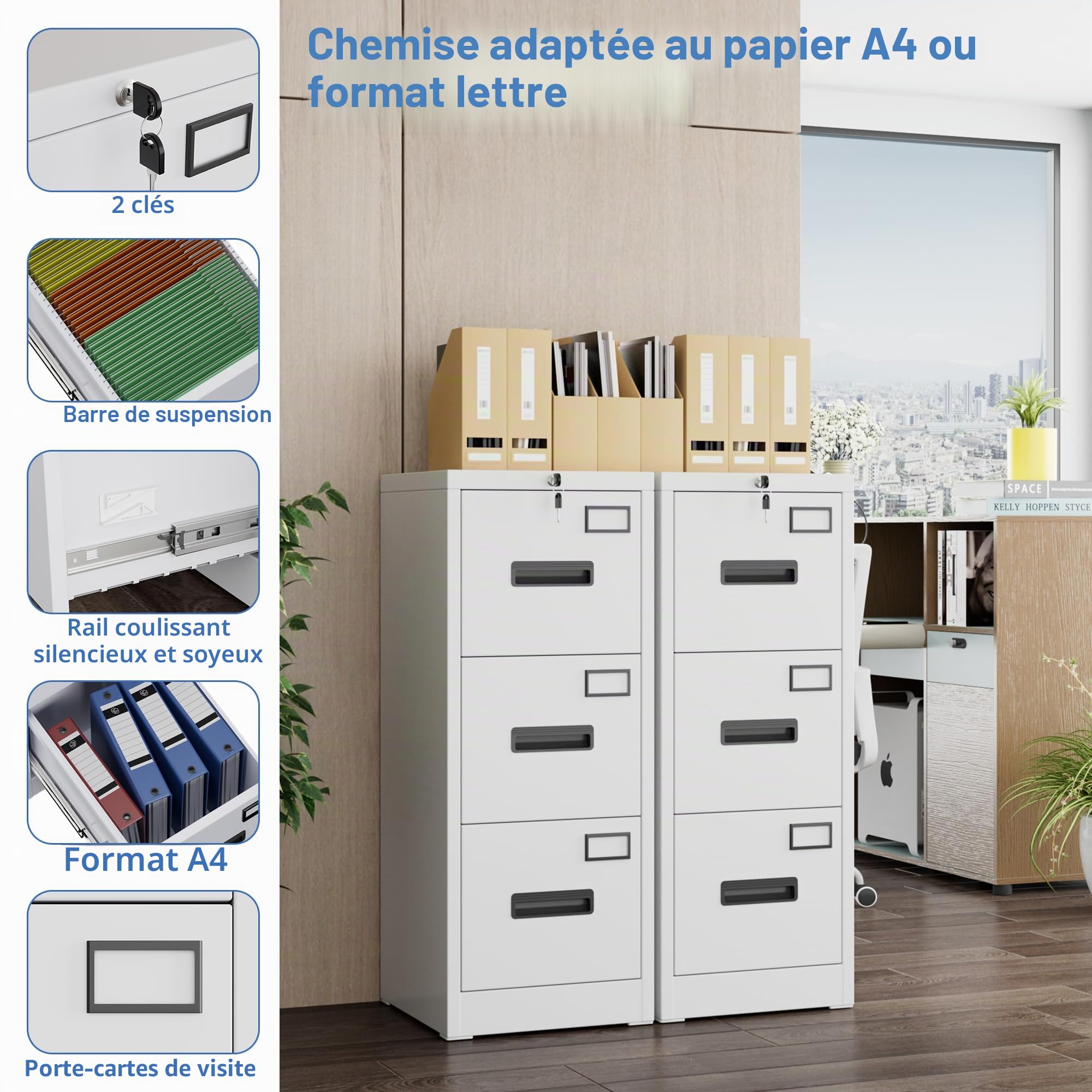 Armoire de classement A4 - en métal - Verticale - Armoire de Bureau pour Bureau à Domicile - Support d'imprimante - avec 3 tiroirs verrouillables pour dossiers Suspendus (Blanc)