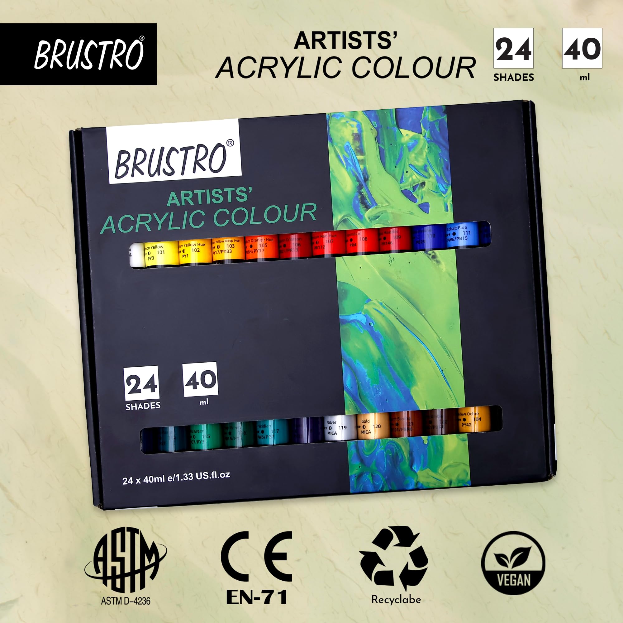 BRUSTRO Künstler-Acrylfarbe, Set mit 24 Stück, 40 ml Farbtuben, lebendige Farbtöne, weicher Körper, auf Wasserbasis, ungiftig, miteinander mischbar, ideal für Papier, Leinwand, Karton, Kunststudenten,