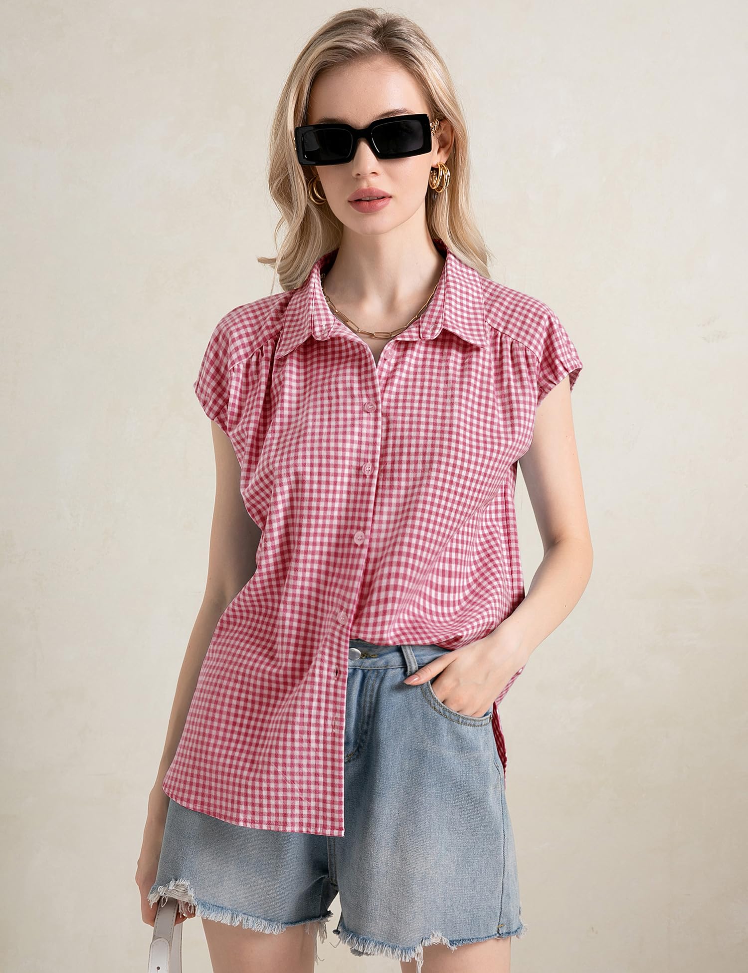 EFFAN Blusa de algodón para mujer, con manga casquillo, cuello en V, para verano, con botones, holgada, para el trabajo 2025
