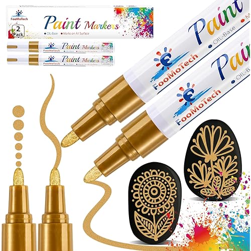 Gold Paint Pen Paint Markers - Permanent Acrylic Markers 2 Pack, Oil Based, Medium Tip, Quick Dry, Wateproof Paint Markers for Rock, Fabric, Metal, Wood, Plastic, Canvas, Leather, Glass