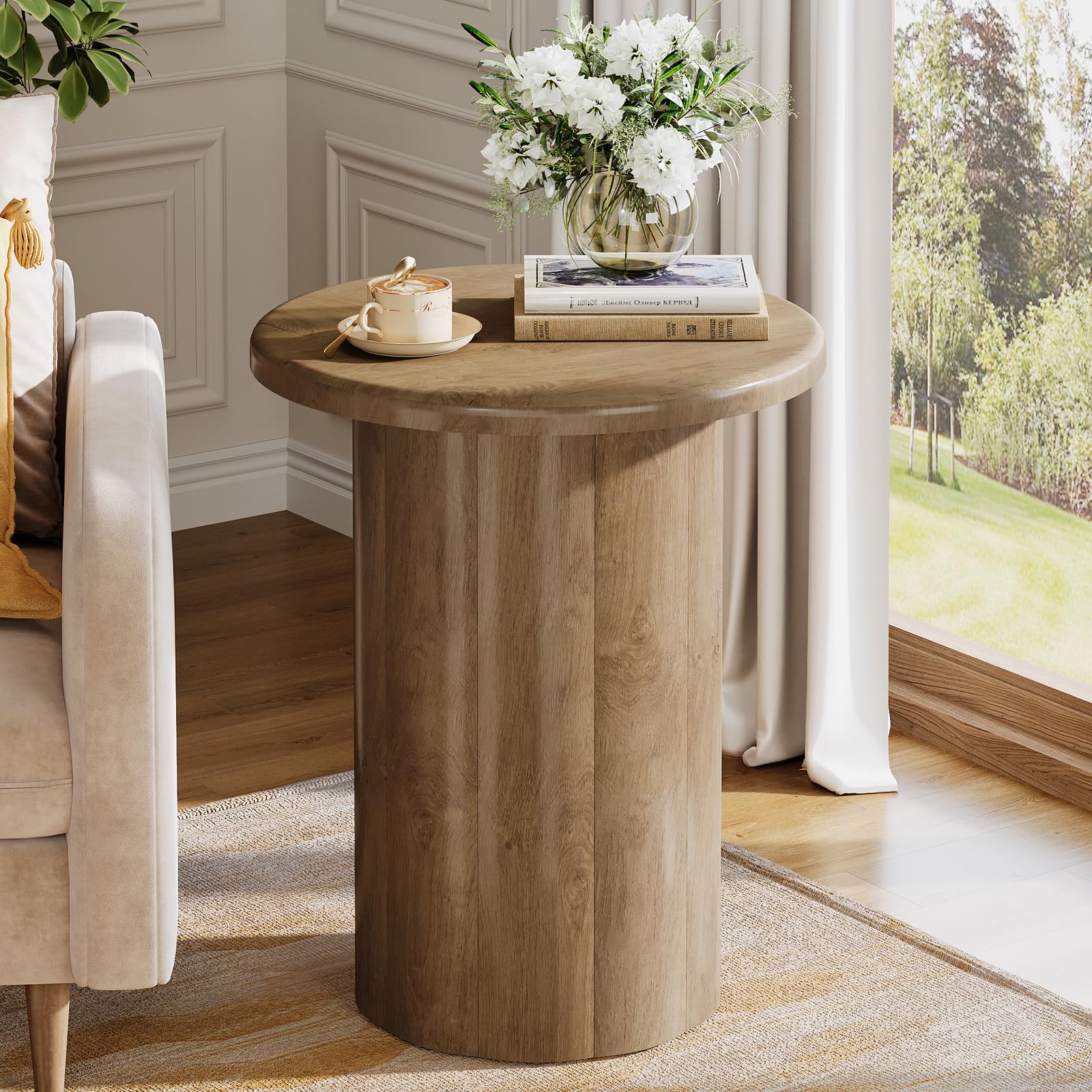 Tribesigns Round Side Table for Living Room, Farmhouse Small End Table with Fluted Base, 20-Inch Rustic Brown Nightstand, Accent Furniture for Small Space Bedroom Apartment