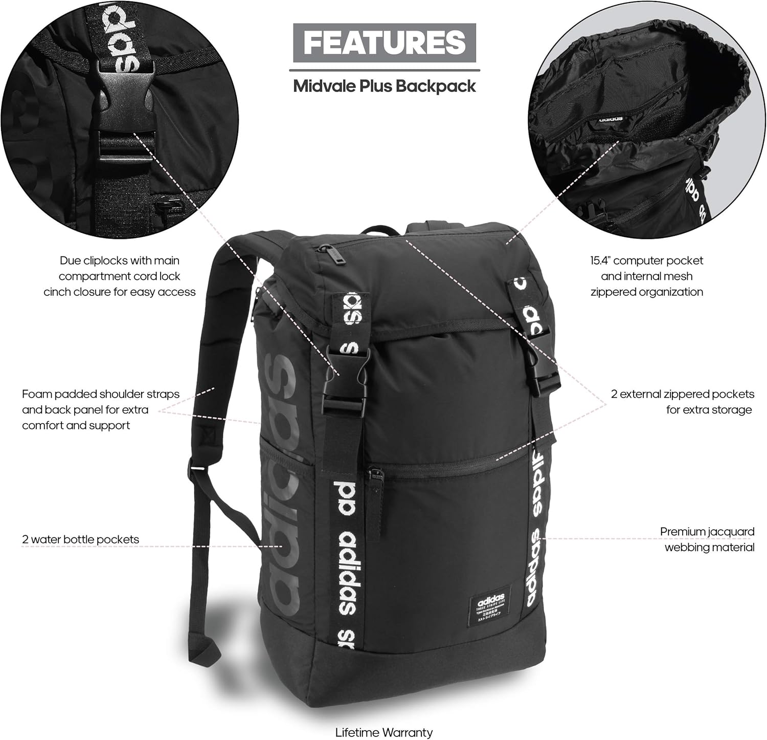 adidas Unisex Midvale Backpack, Black/White, ONE SIZE : Clothing, Shoes & Jewelry