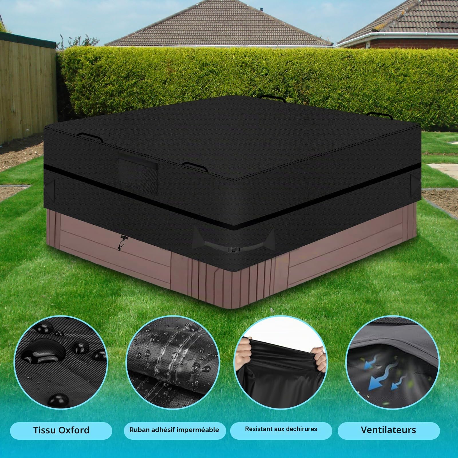 Bache pour Spa Carre, Protector-Spa, Tissu Oxford 600D imperméable Couverture Spa, Anti-UV Housse de Protection pour Bain à Remous de Jardin, Indéchirable, avec Sac de Rangement (230 * 230 * 85cm)