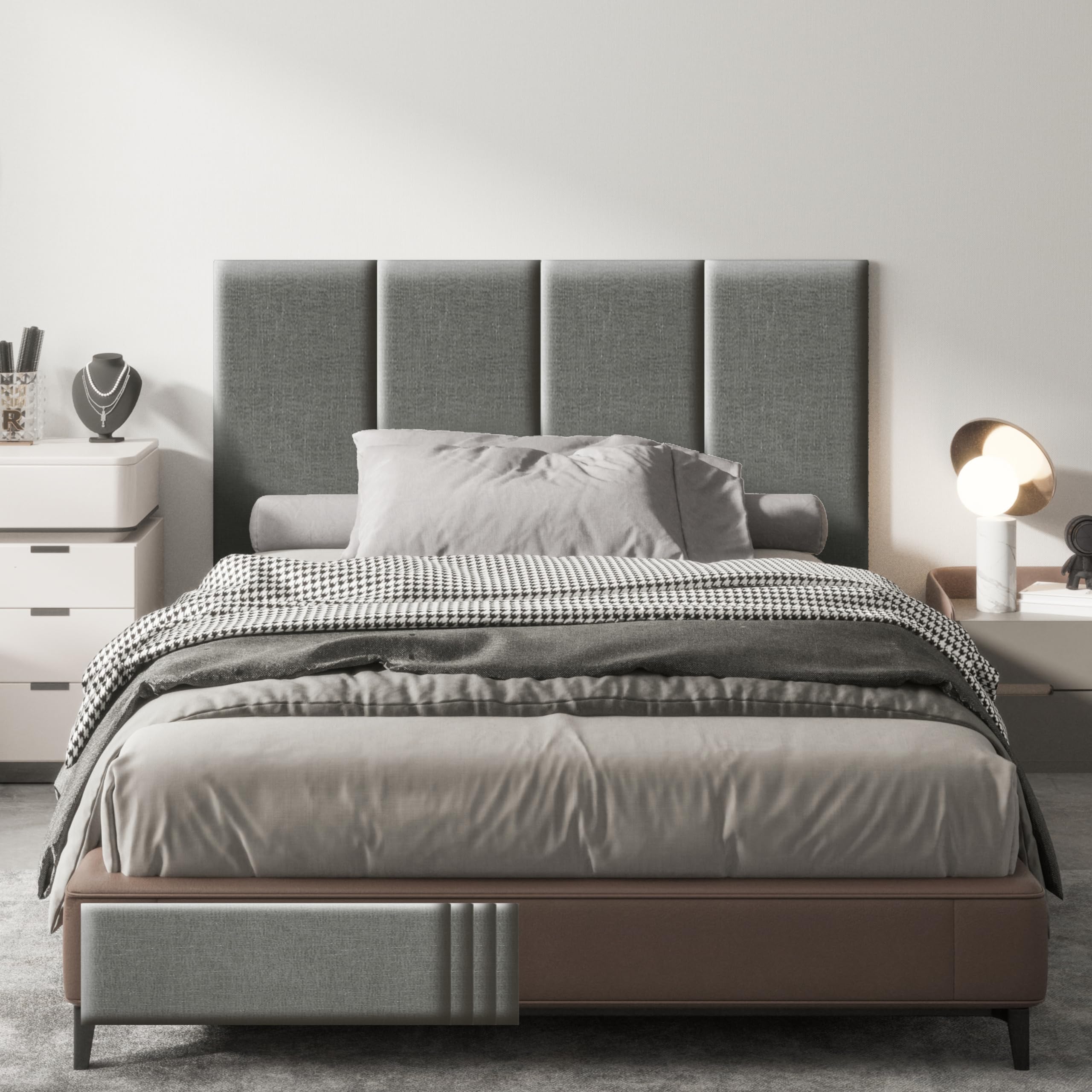 Panneaux muraux rembourrés - Panneaux muraux autocollants en lin - Tête de lit 3D insonorisée avec mousse - Rembourrage mural pour chambre à coucher, salon, bureau - Gris (4, 90 x 30 cm)