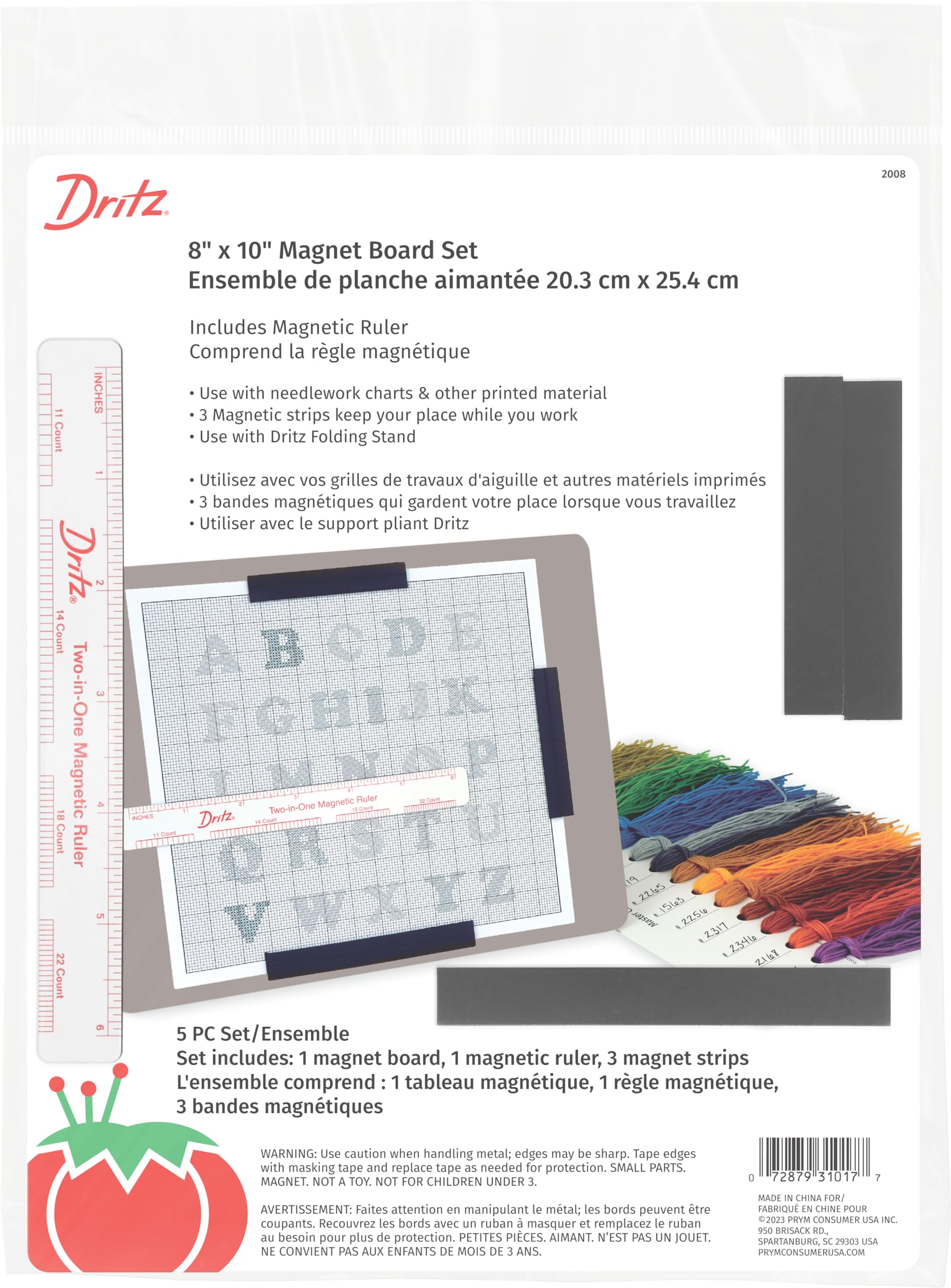 Dritz Magnet Board & Ruler, 8" x 10" - Pattern Holder for Cross Stitch, Needlework, Knitting & Crocheting - Includes 2-in-1 Magnetic Ruler & 3 Magnetic Place Markers